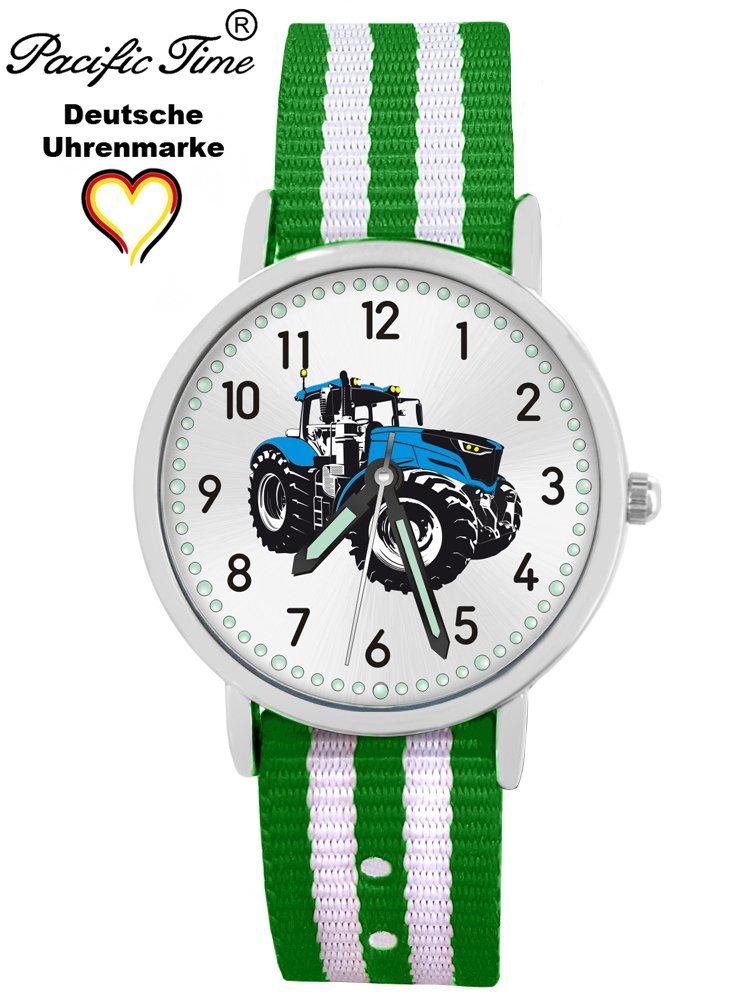 Pacific Time Quarzuhr Kinder Armbanduhr und - Mix Match weiß Gratis grün Wechselarmband, Design Traktor Versand blau gestreift