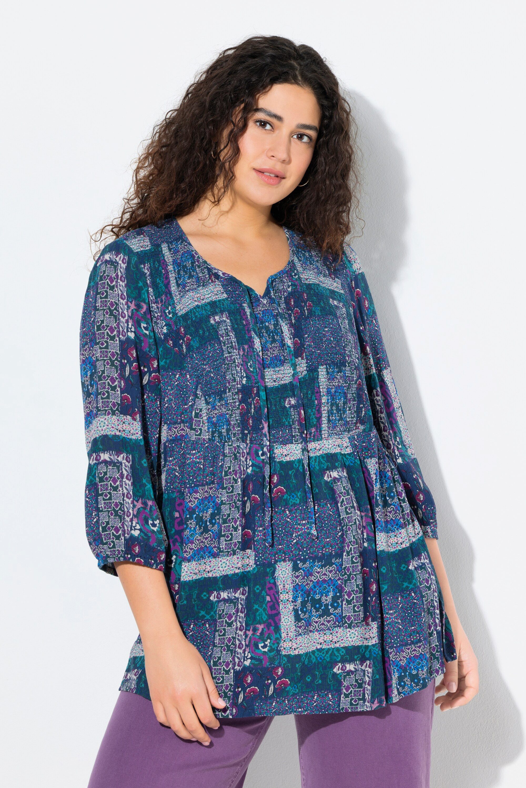 Ulla Popken Tunika Smokbluse Patchlook A-Linie Rundhals 3/4-Arm günstig online kaufen