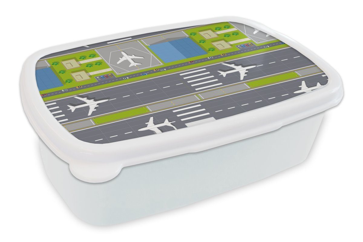 MuchoWow Lunchbox Design - Flughafen - Flugzeug, Kunststoff, (2-tlg), Brotbox für Kinder und Erwachsene, Brotdose, für Jungs und Mädchen weiß | Lunchboxen