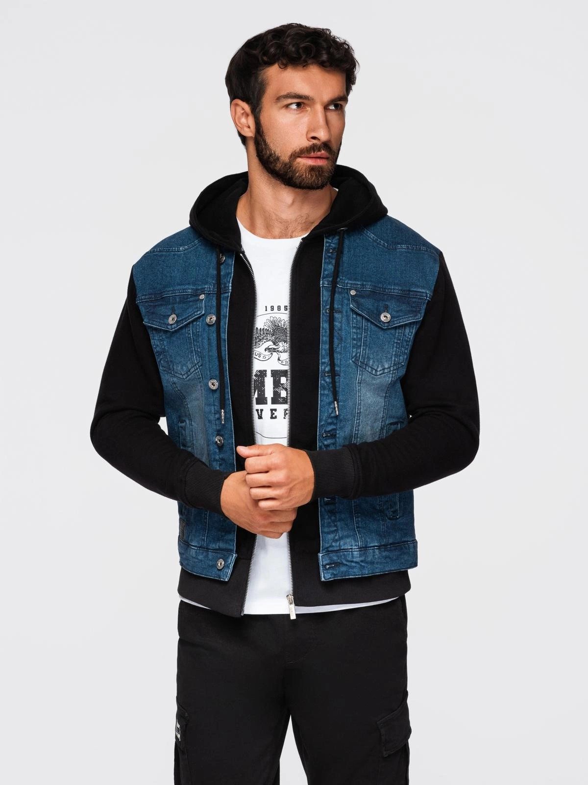 OMBRE Jeansjacke Herren-Jeansjacke mit Strickärmeln und Kapuze günstig online kaufen