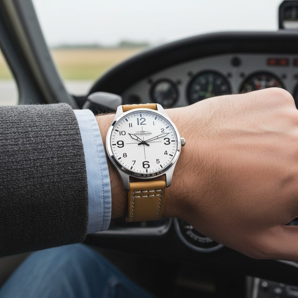 Thunderbirds Quarzuhr Fliegeruhr TB5000-01 – 40 mm Edelstahlgehäuse, weißes Zifferblatt, beiges Lederband, sportliche Herrenuhr