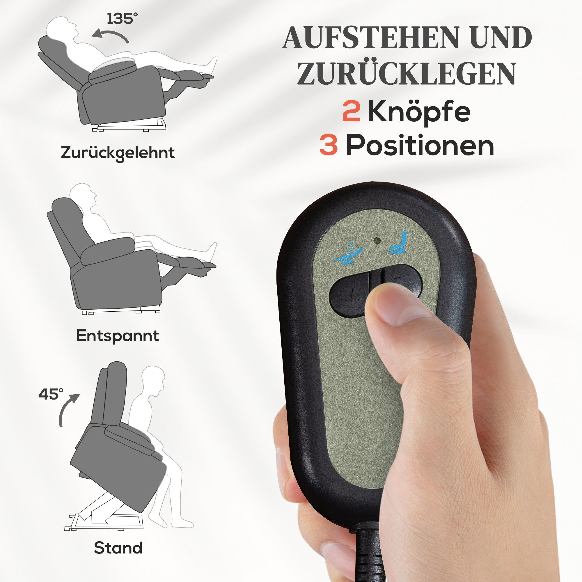 HOMCOM Massagesessel Elektrisch Relaxsessel mit Liege-, Wärme-, Massagefunktion (Fernsehsessel mit Aufstehhilfe, 1-St., TV-Sessel), mit Becherhalter, Stautraum, – Bild 4 von 5