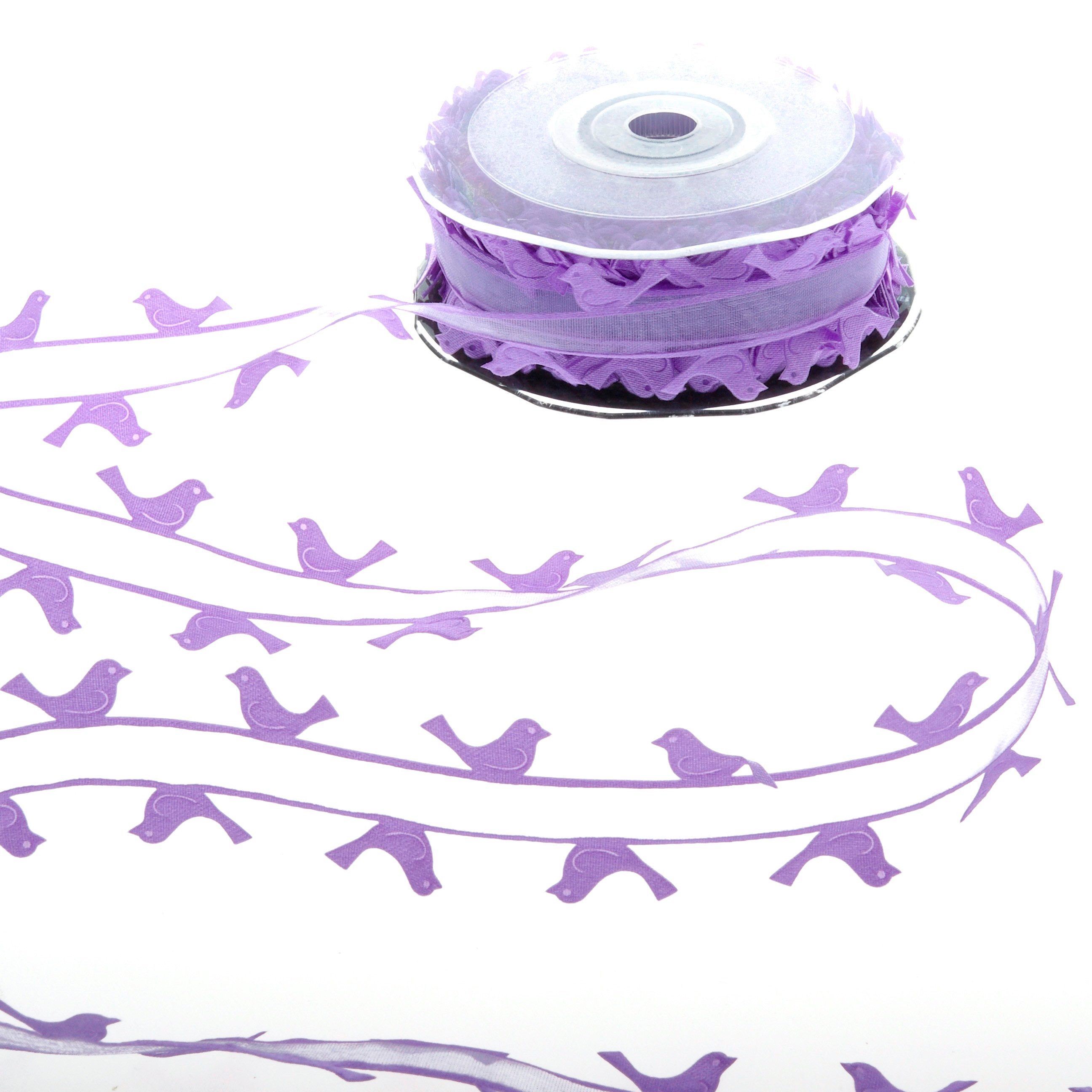 Deko AS Dekoobjekt Organza-Dekoband "Birds" - 25mm - 10m - hellviolett - 90132-25-10-44, seitliche Dekokante Vogelmotiv