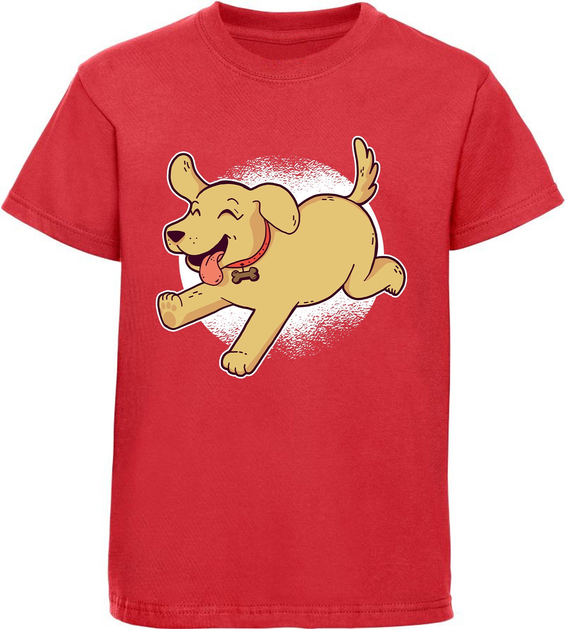 MyDesign24 T-Shirt Kinder mit i248 rot Shirt Print - Labrador Spielender Aufdruck, Hunde bedruckt Baumwollshirt Welpe