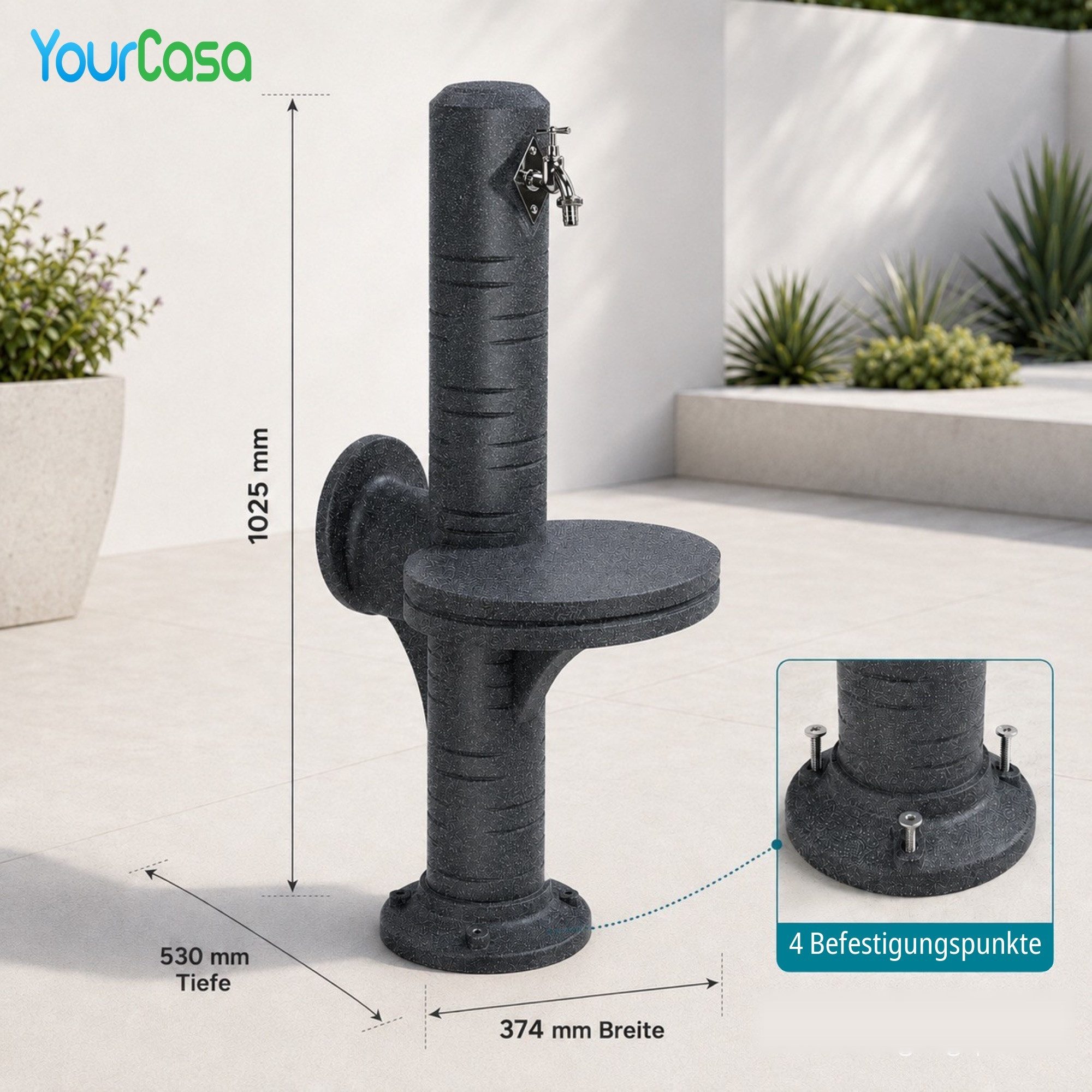 YourCasa Gartenbrunnen AquaPost Wassersäule Garten – Zapfsäule Ablagestellfläche, Wasserhahn, Abstellfläche, Schlauchhalterung