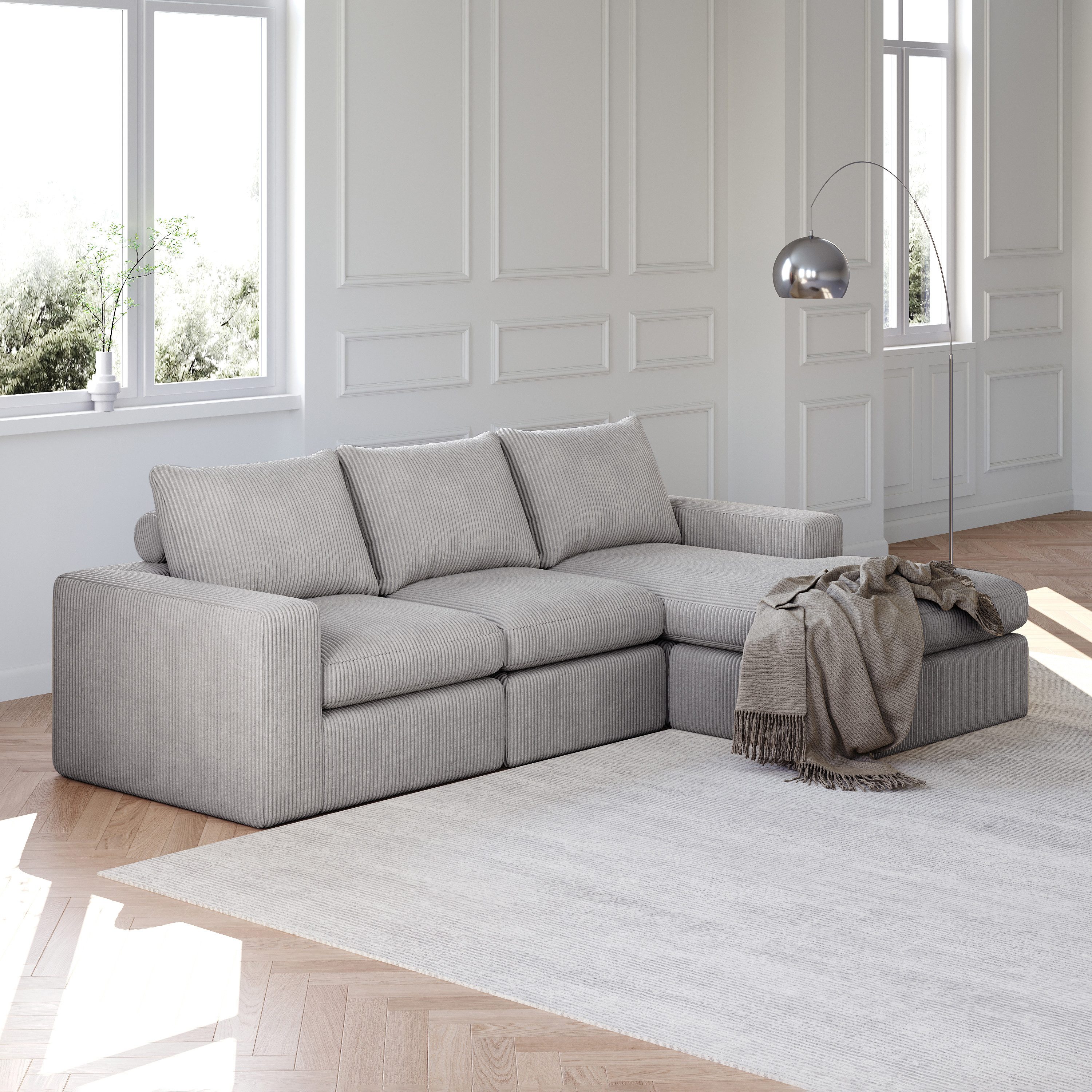 Odikalo 3-Sitzer Ecksofa Boneless Couch Schlafsofa mit drei Kissen Grau, Boneless Couch with Chaise, L-förmiges modernes gepolstertes Sofa aus Cord mit drei Kissen, Cord-Sofa für Wohn- und Schlafzimmer, keine Montage erforderlich