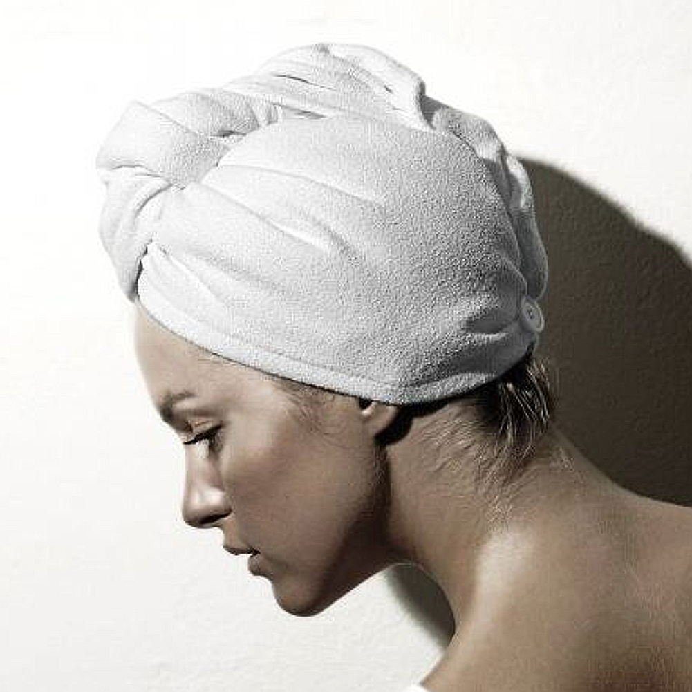 Macosa Home Turban-Handtuch Haarturban Mikrofaser Grau mit Knopfverschluss Haar-Handtuch, Mikrofaser (1-St), schnelles sanftes Trocknen Haartrockentuch Kopf-Handtuch Turban Weiß