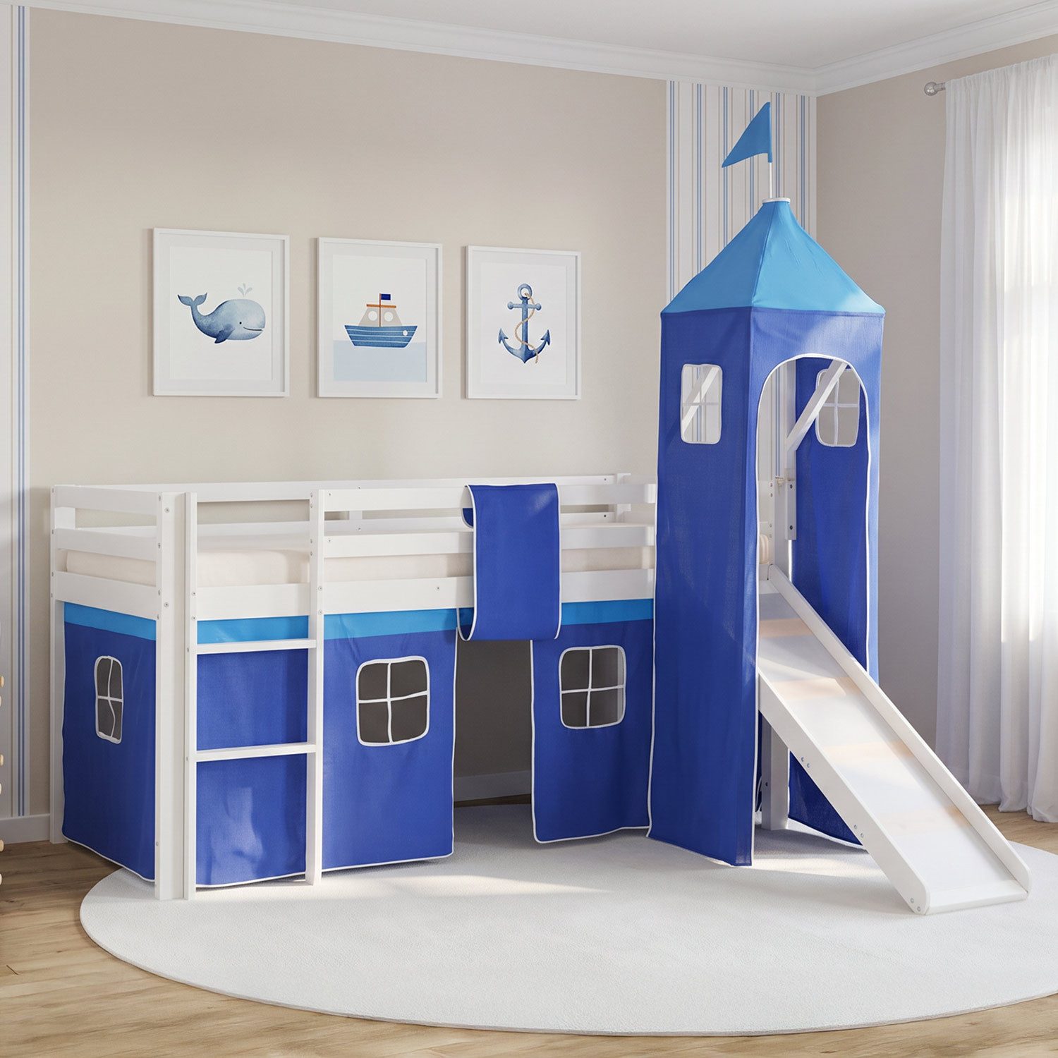 Homestyle4u Hochbett Kinder mit Rutsche 90x200 mit / ohne Matratze Holz Blau Jungen (Set, Set, mit Rutsche und Turm, Spielbett) mit Rausfallschutz, Blau, Junge