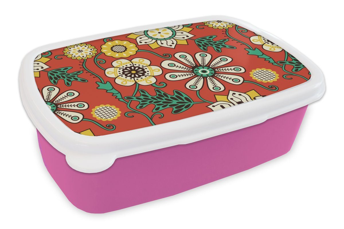 MuchoWow Lunchbox Design - Blumen - Hippie - Retro, Kunststoff, (2-tlg), Brotbox für Erwachsene, Brotdose Kinder, Snackbox, Mädchen, Kunststoff rosa