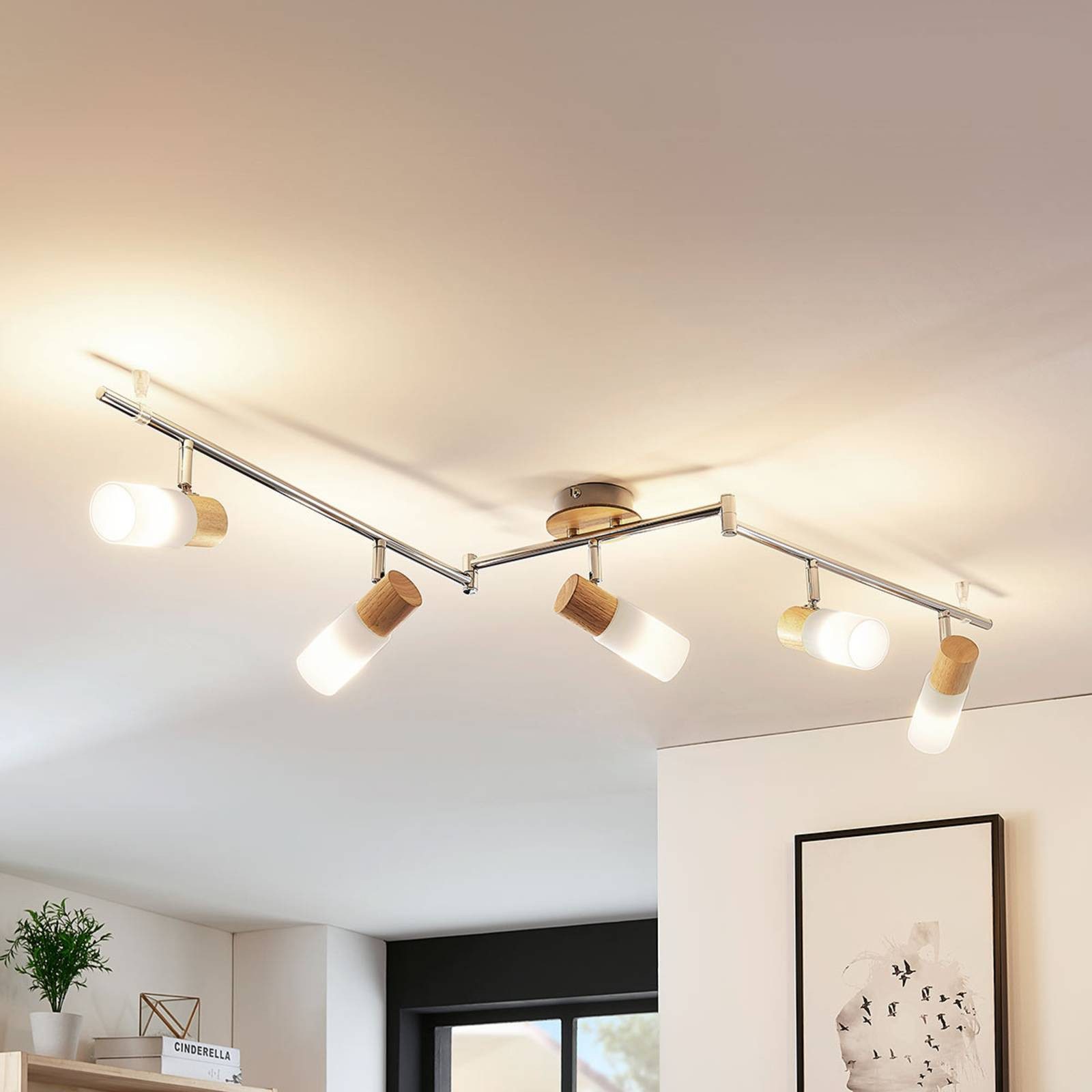 Lindby Deckenstrahler Christoph, Holz Chrom IP20, 5 x 4,5 W LED
