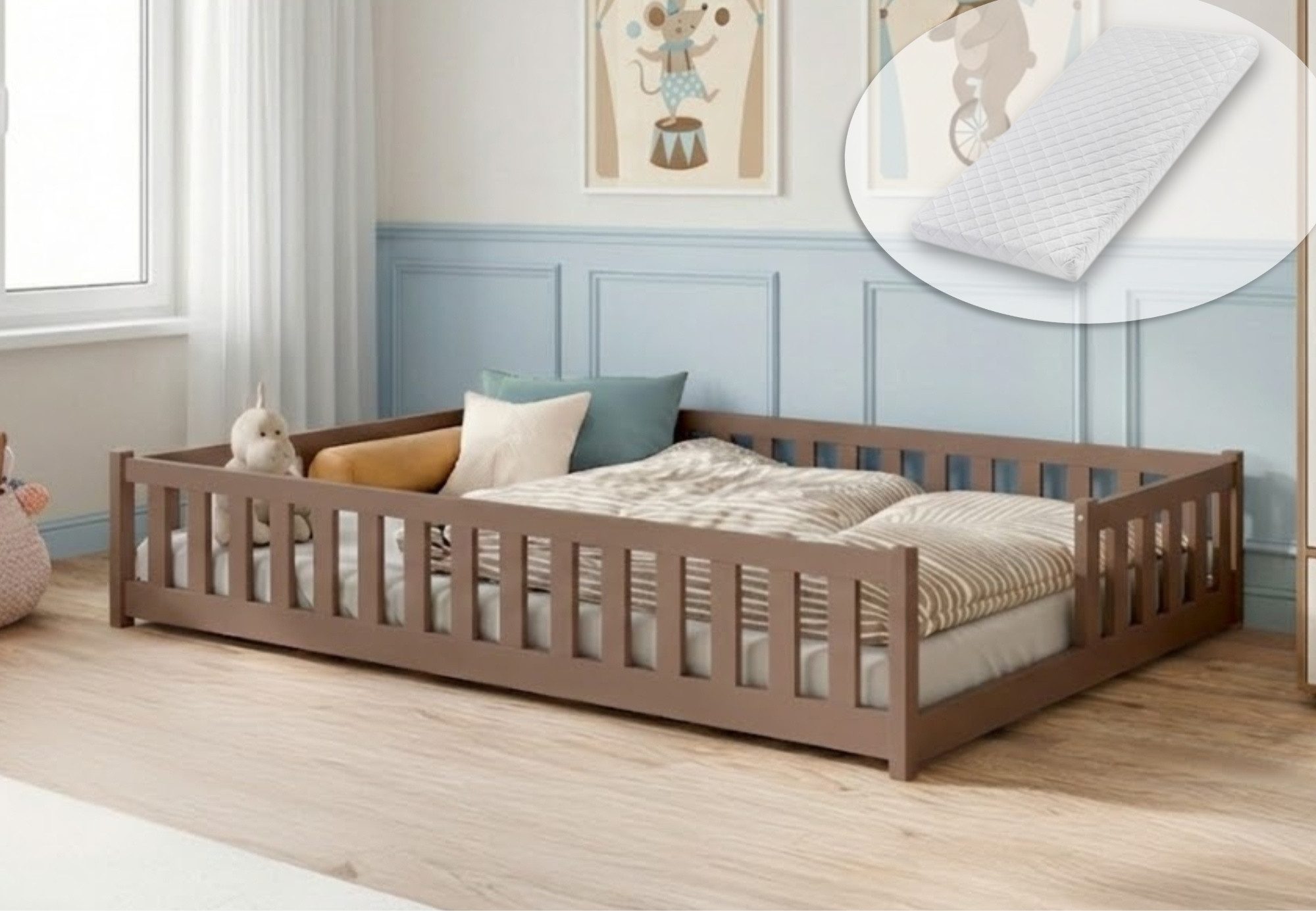 Kids Collective Kinderbett Bodenbett mit Rausfallschutz & Lattenrost Montessori Betten Kinder (Verfügbare Größen: 80 x 160, 80 x 180, 90 x 190, 90 x 200, 120 x 200, 140 x 200 cm), Jugendbett Einzelbett Kiefer mit Matratze Milchschokolade 120x200 cm