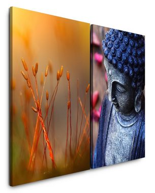 Sinus Art Leinwandbild 2 Bilder je 60x90cm Buddha Blumen Knospen Rot Warm Meditation Beruhigend