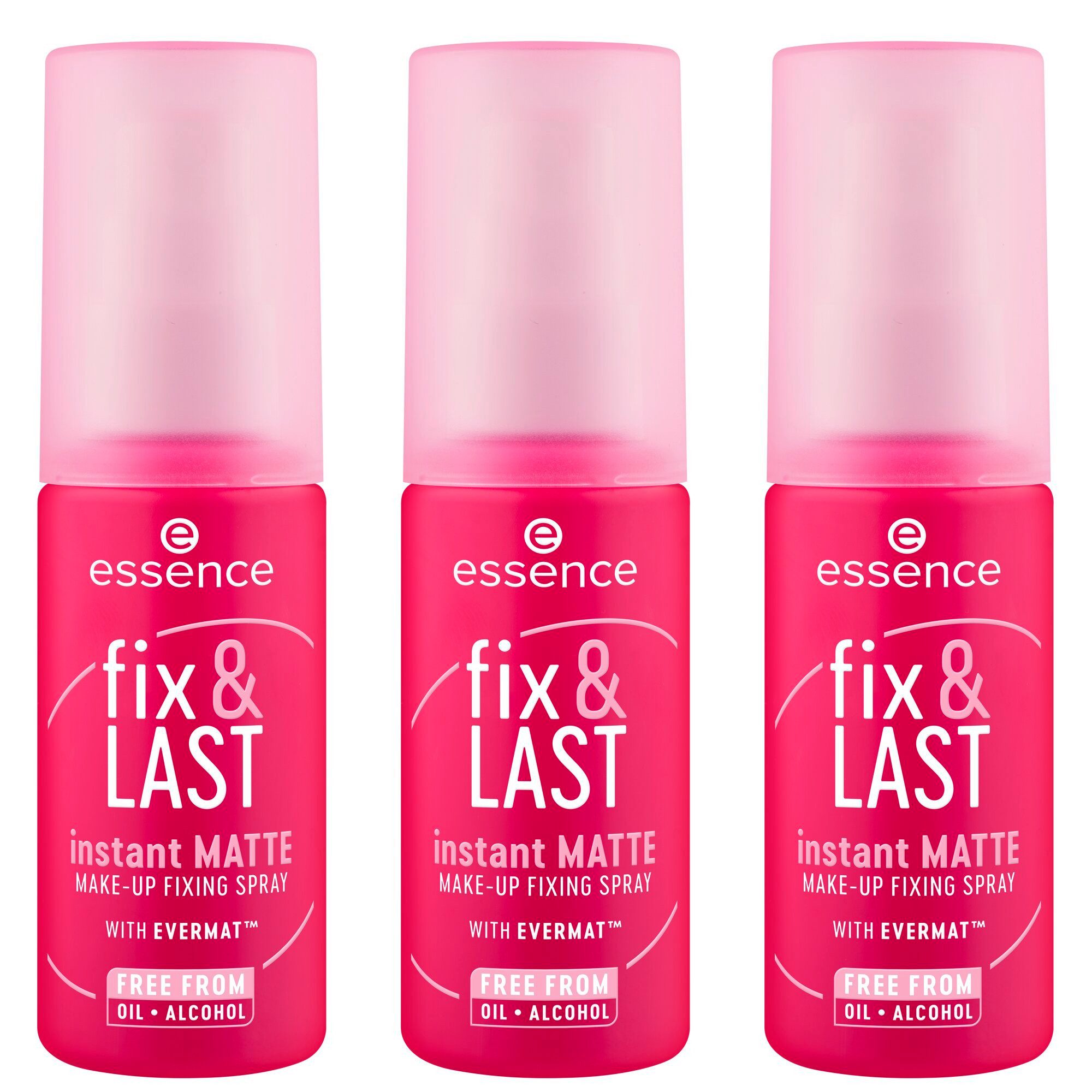 Essence Fixierspray fix & LAST instant MATTE MAKE-UP FIXING SPRAY, 3-tlg., Neuer Sprühkopf für gleichmäßige Anwendung und mattes Finish!