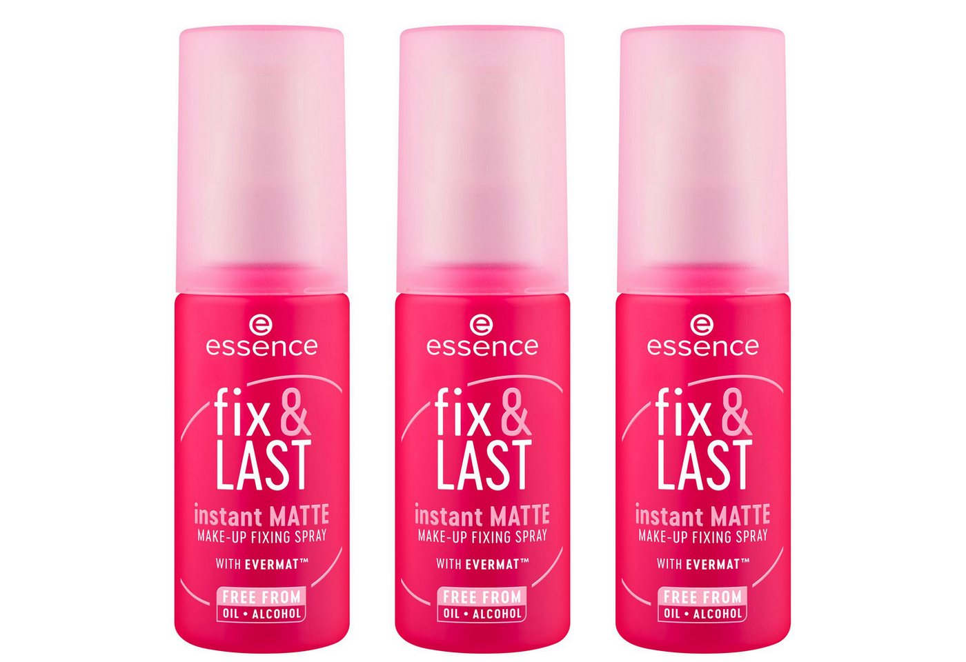 Essence Fixierspray fix & LAST instant MATTE MAKE-UP FIXING SPRAY, 3-tlg., Neuer Sprühkopf für gleichmäßige Anwendung und mattes Finish!