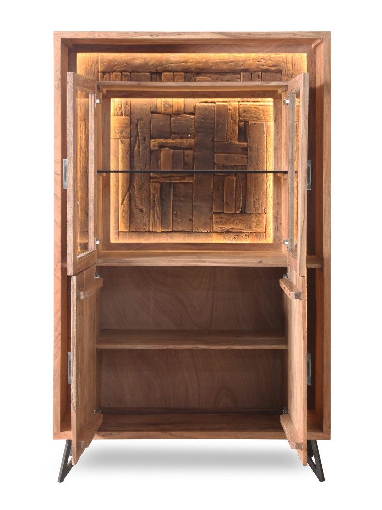 WOLF MÖBEL Vitrine HUDSON Vitrine 2 Glas-/ 2 Holztüren / 1 Glasboden / Licht (115x40x195 LxBxH (cm) soft close, LED-Beleuchtung