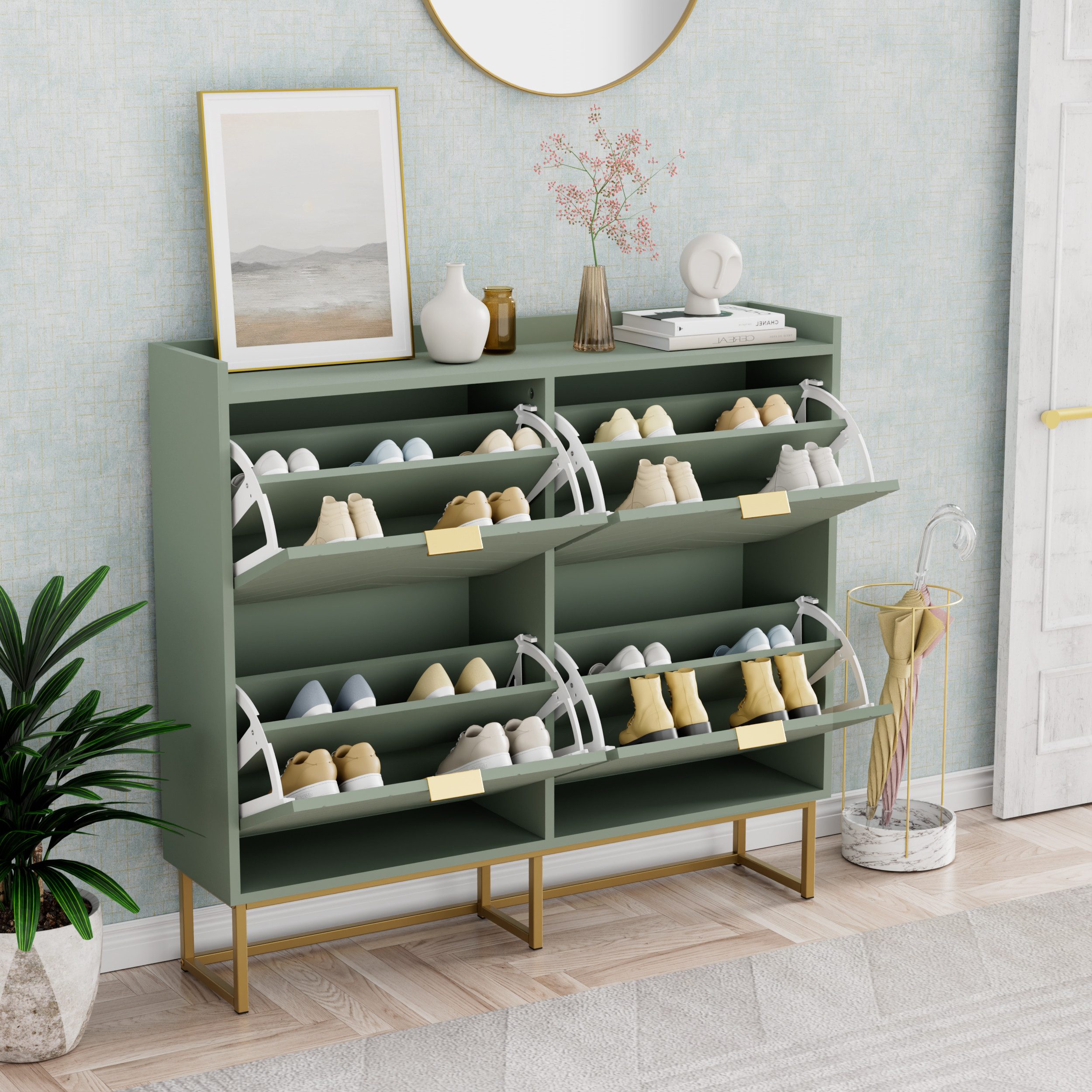 UEV Schuhschrank mit 4 Klappen, Schuhkipper Schmal, Schuhregal mit Metallfüße (Packung, Modern Schuhaufbewahrung mit Oberplatte Schuhkommode mit Kippsicherung) trennwände verstellbar und abnehmbar für verschiedene Schuhtypen