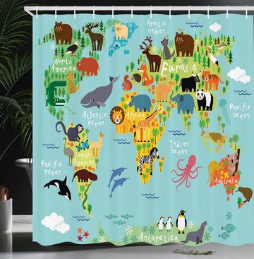 Abakuhaus Duschvorhang Moderner Digitaldruck mit 12 Haken auf Stoff Wasser Resistent Breite 175 cm, Höhe 180 cm, Weltkarte Tier Karte der Welt
