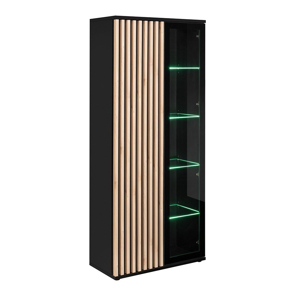 Lomadox Vitrine CATANZARO-164 Vitrinenschrank in schwarz mit Lamellen in Eiche, inkl. Beleuchtung