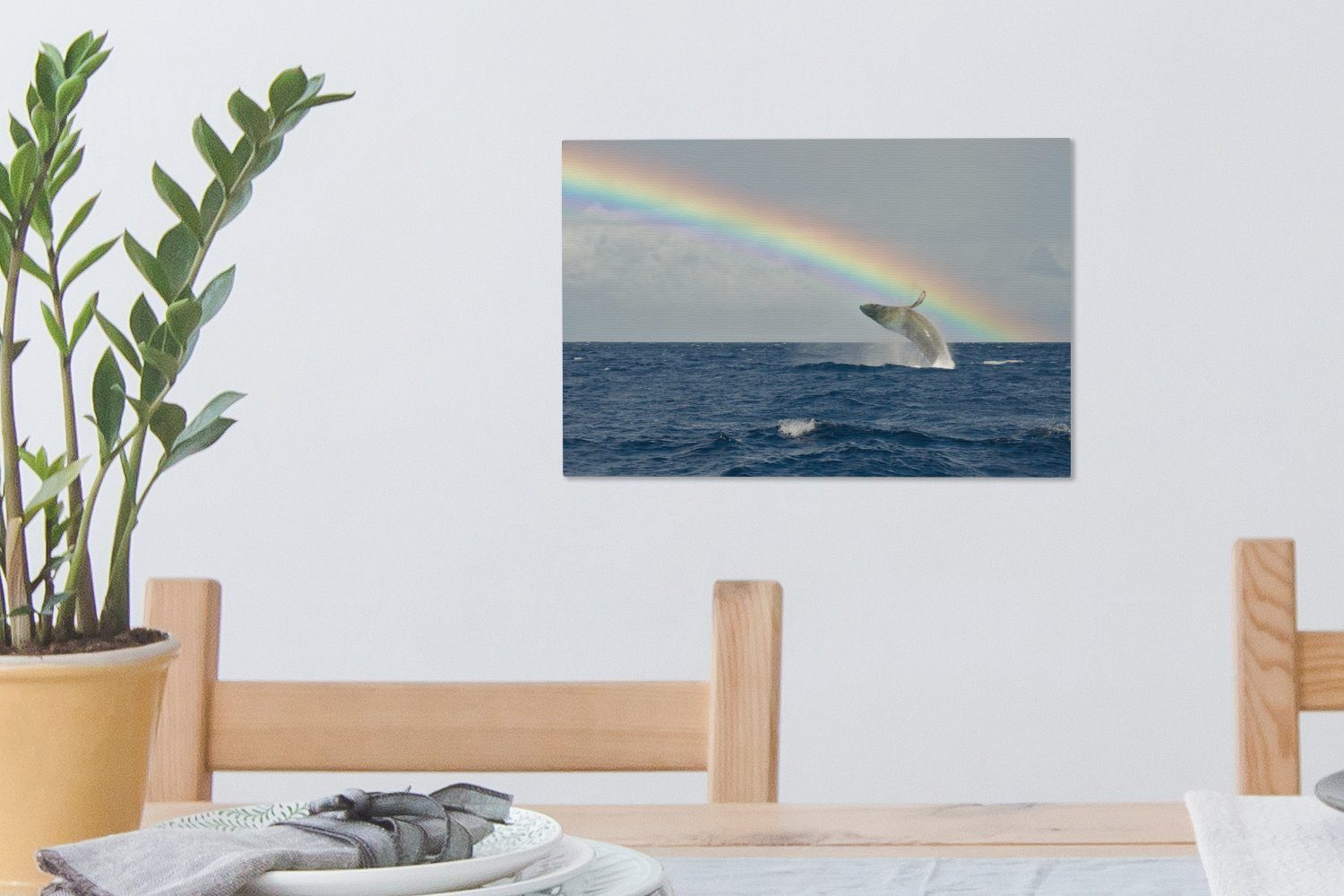 Leinwandbilder, (1 springt dem Wasser, Wanddeko, Wandbild 30x20 unter aus Aufhängefertig, St), Leinwandbild Buckelwal OneMillionCanvasses® einem Ein Regenbogen cm