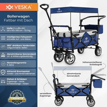 VESKA Bollerwagen faltbar mit Dach Handwagen Transportwagen, 2-Sitzer 3-Punkt Gurtsystem, klappbar, Vollgummi-Reifen, bis 80 kg, Vorder- und Hinter-Bremse