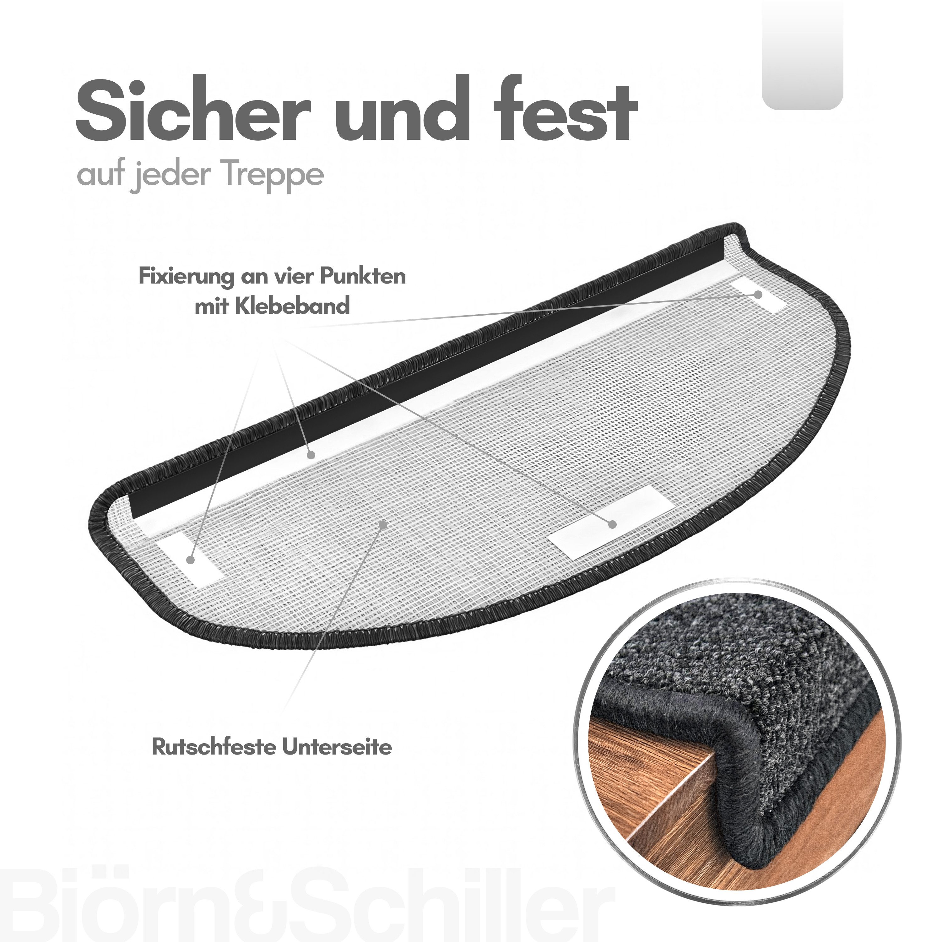 Björn&Schiller Stufenmatte Rutschfest Treppenmatten Halbrund, Treppenteppich Grau, 15er Set, Halbrund, Selbstklebende Treppenschoner, robuste Antirutschmatten Treppenschutz