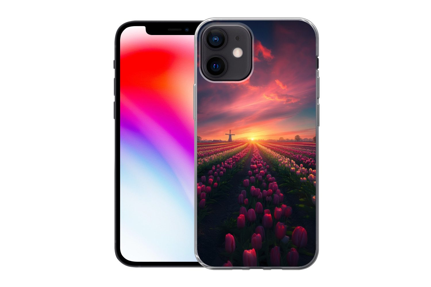 MuchoWow Handyhülle für Apple iPhone 12 Windmühle - Sonnenuntergang - Landschaft, Smartphone-Bumper, Print, Handy Schutzhülle Dünn