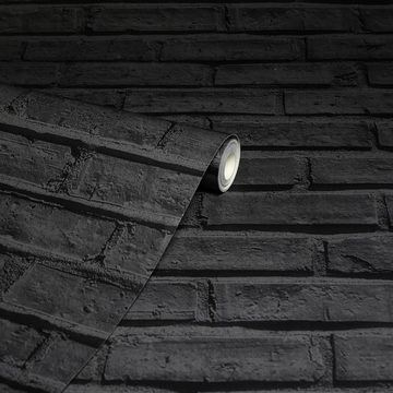 Arthouse Papiertapete Arthouse 623007 Tapete, Ziegelsteine, Schwarz, glatt, Stein, moderne Tapete aus schwarzem Ziegelstein, Maße: 10,05m x 0,53m