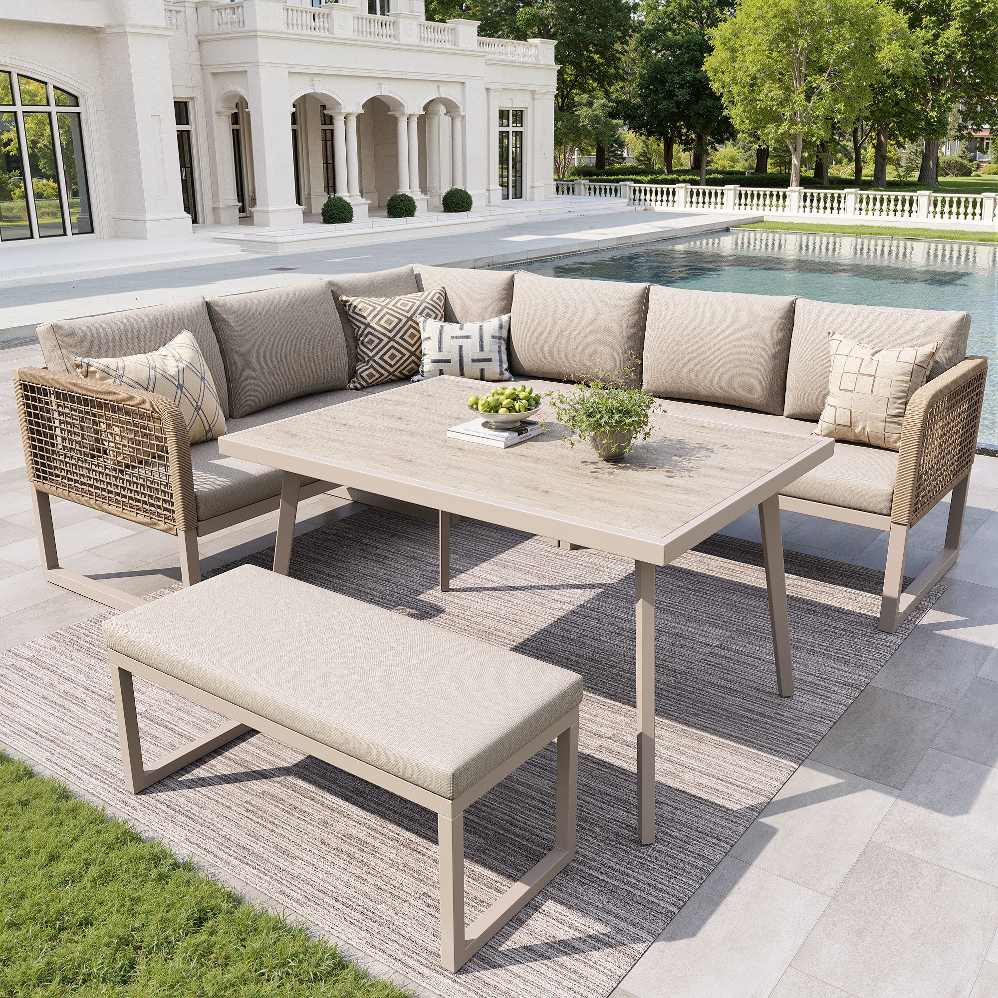 Merax Gartenlounge-Set Polyratten Terrassen-Lounge Set, (Wetterfestes Eckgarnitur Freie Kombination, 1-tlg), 8-Sitzer Gartenmöbel Set Sitzgruppe mit Sofa, Sessel, Hocker, Esstisch