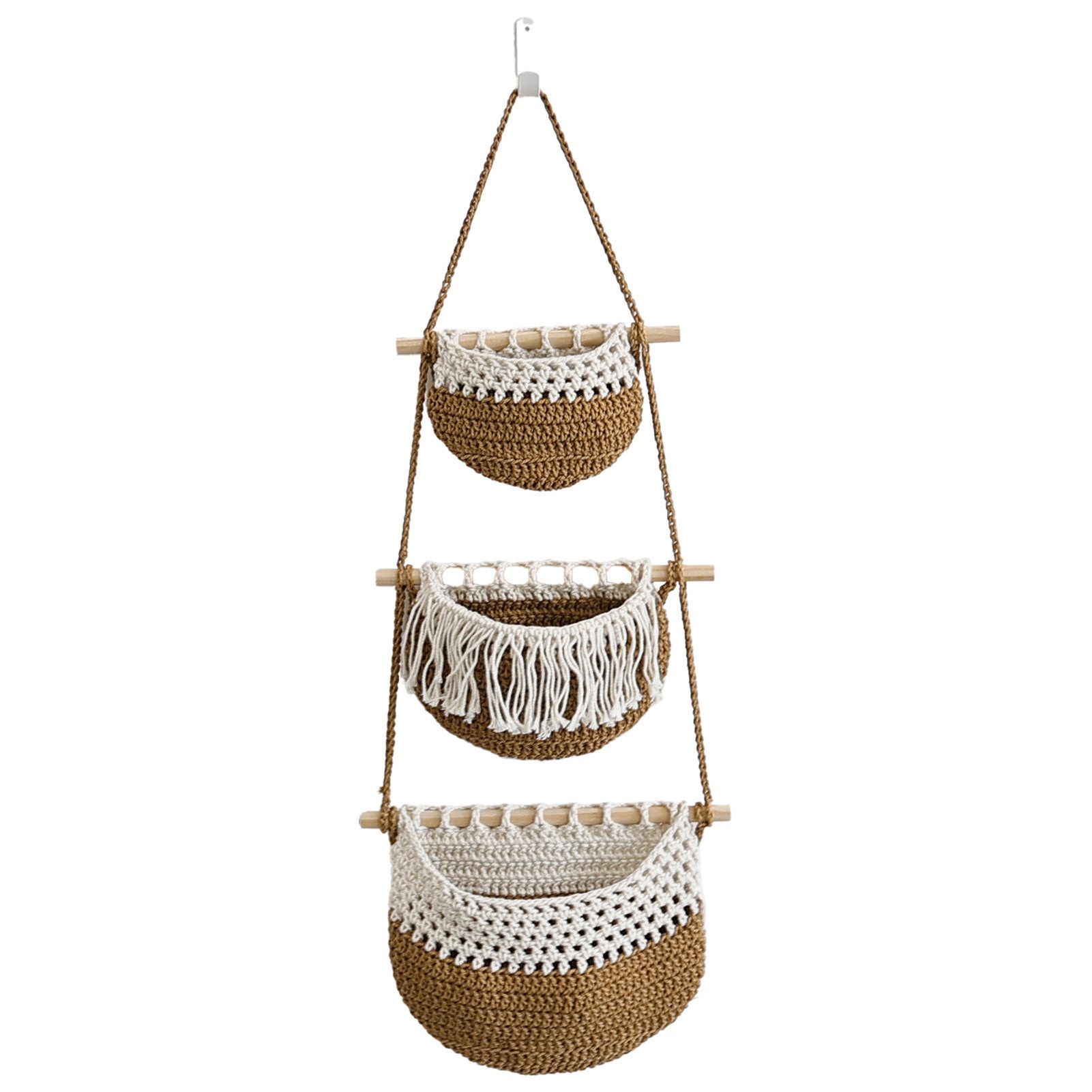 Jumpeak Hängeaufbewahrung Obstkorb Hängend 3 Etagen,Hängekörbe,Wandhängetasche, Hängetasche, Deko-Objekte,Hängeaufbewahrung,Baumwolle-Leinen,Multifunktional