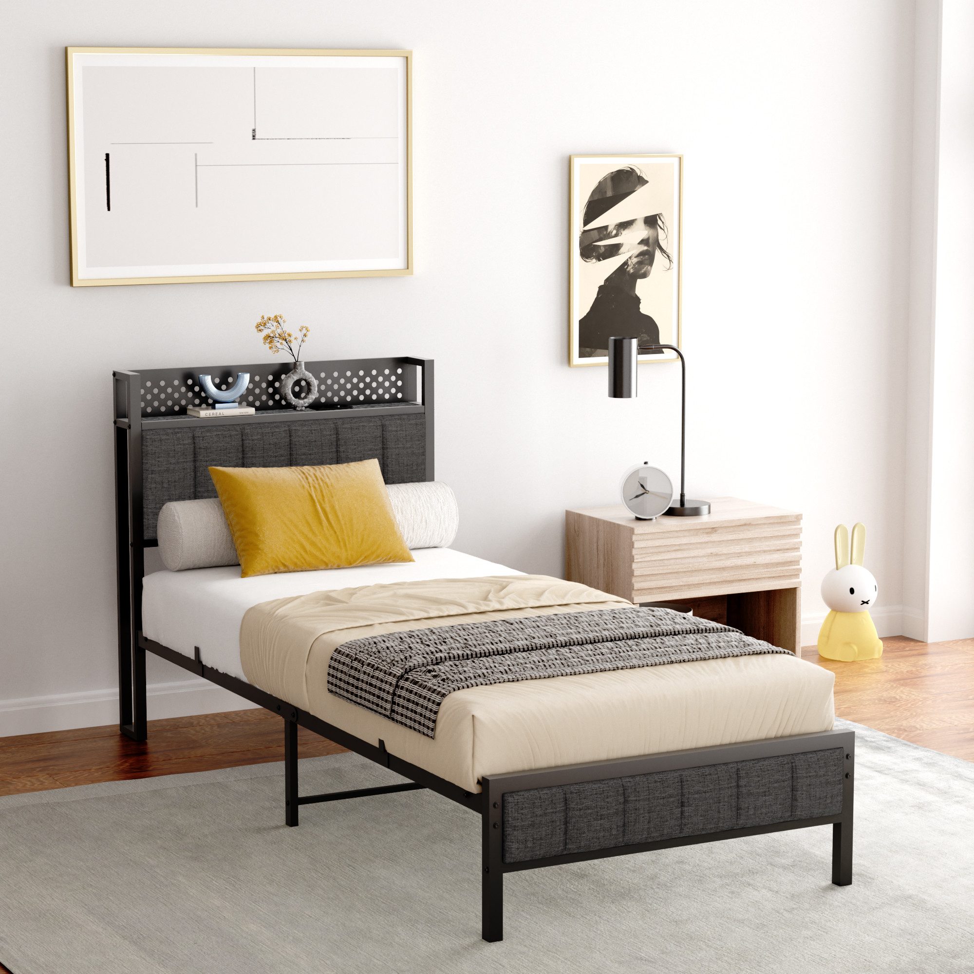 OKWISH Metallbett mit Lagerregal (Eisenbett, Funktionsbett günstig online kaufen