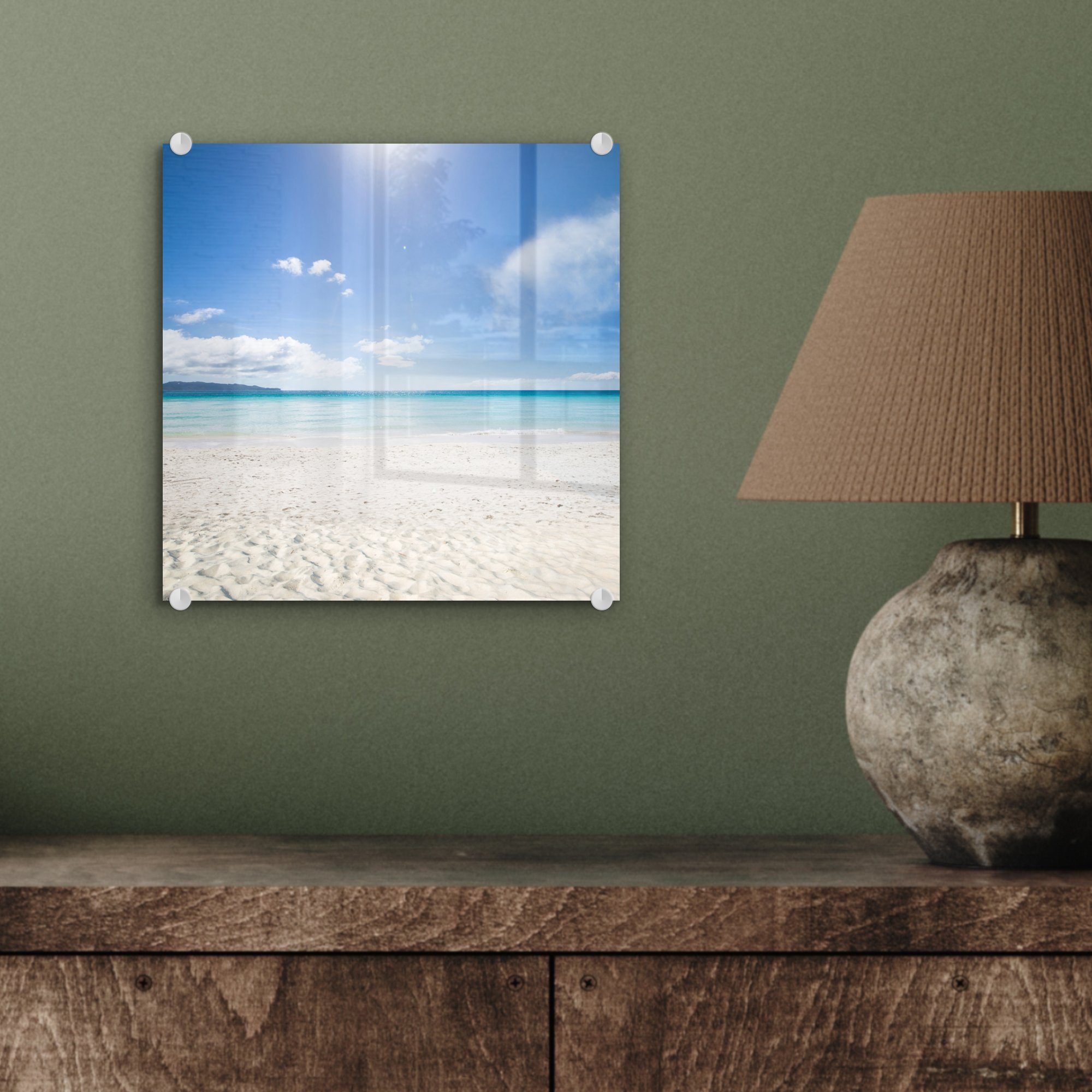 - MuchoWow Glasbilder Licht, - - auf Wandbild Acrylglasbild Strand Wanddekoration Bilder - Glas (1 Foto - Glas Sonne St), auf bunt