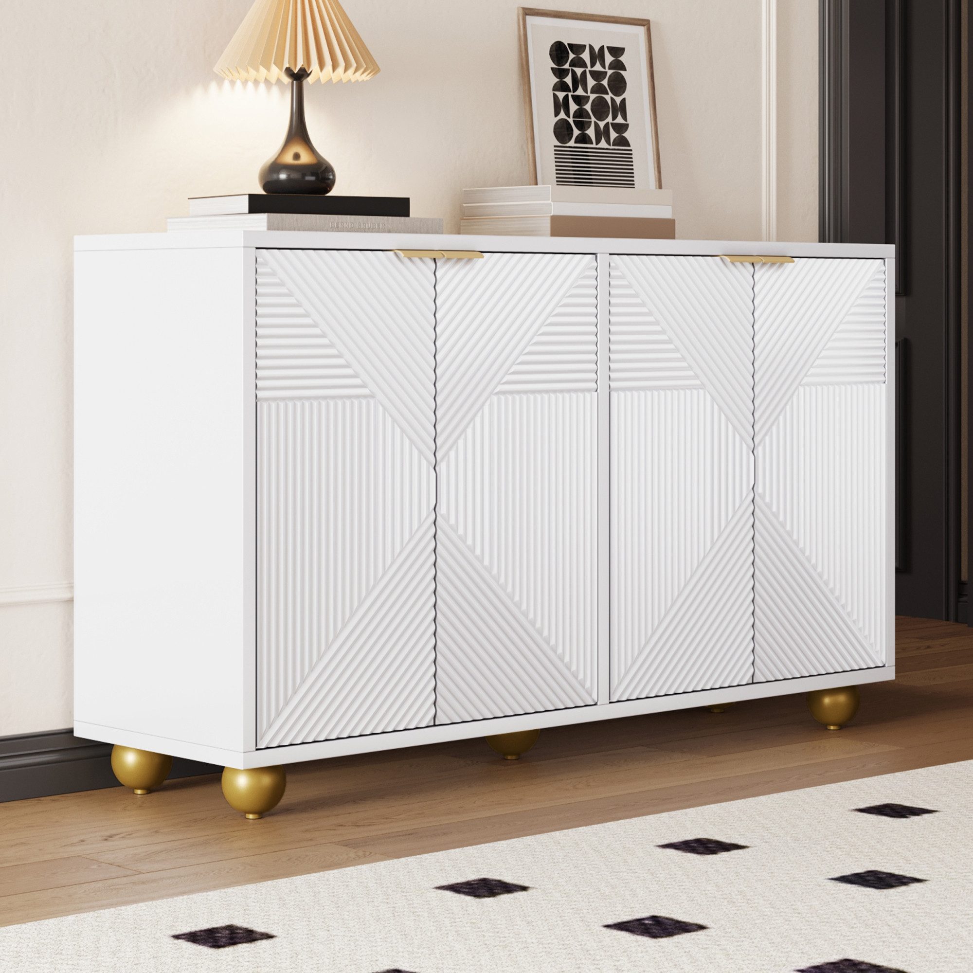 Celya Sideboard mit vier Türen und verstellbaren Innenböden (Metallgriffen und kugelförmigen Beinen), Viel Stauraum, Besonderer Licht- und Schatteneffekt
