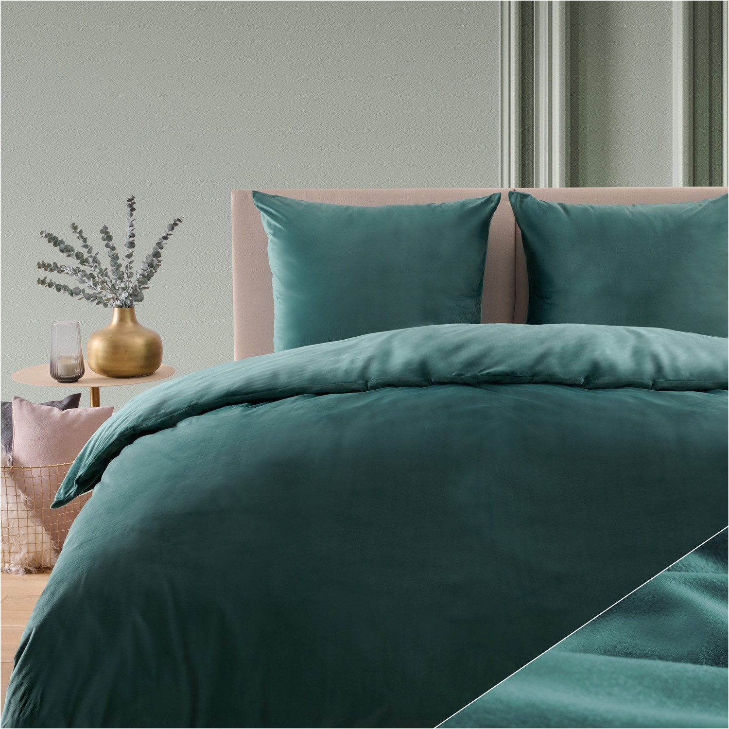 Damier Plüsch Bettwäsche 4-teilig, 135x200 Cm – Kuschelig Warm Mit Cashmere-Touch, Türkis/Petrol | Winter-Bettwäsche Mit Reißverschluss