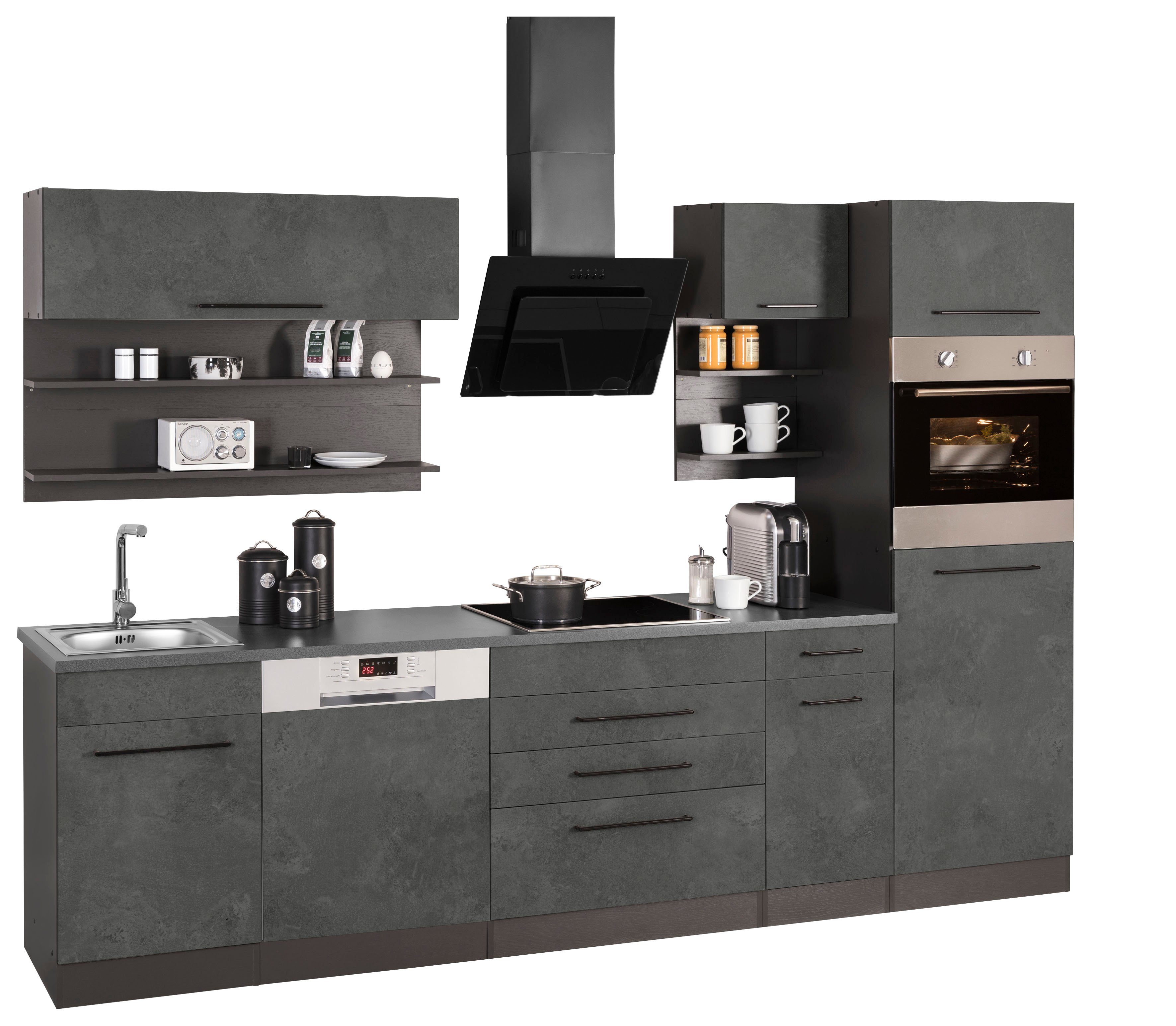 KOCHSTATION Küchenzeile KS-Tulsa, mit E-Geräten, Breite 290 cm, schwarze Metallgriffe, MDF Fronten