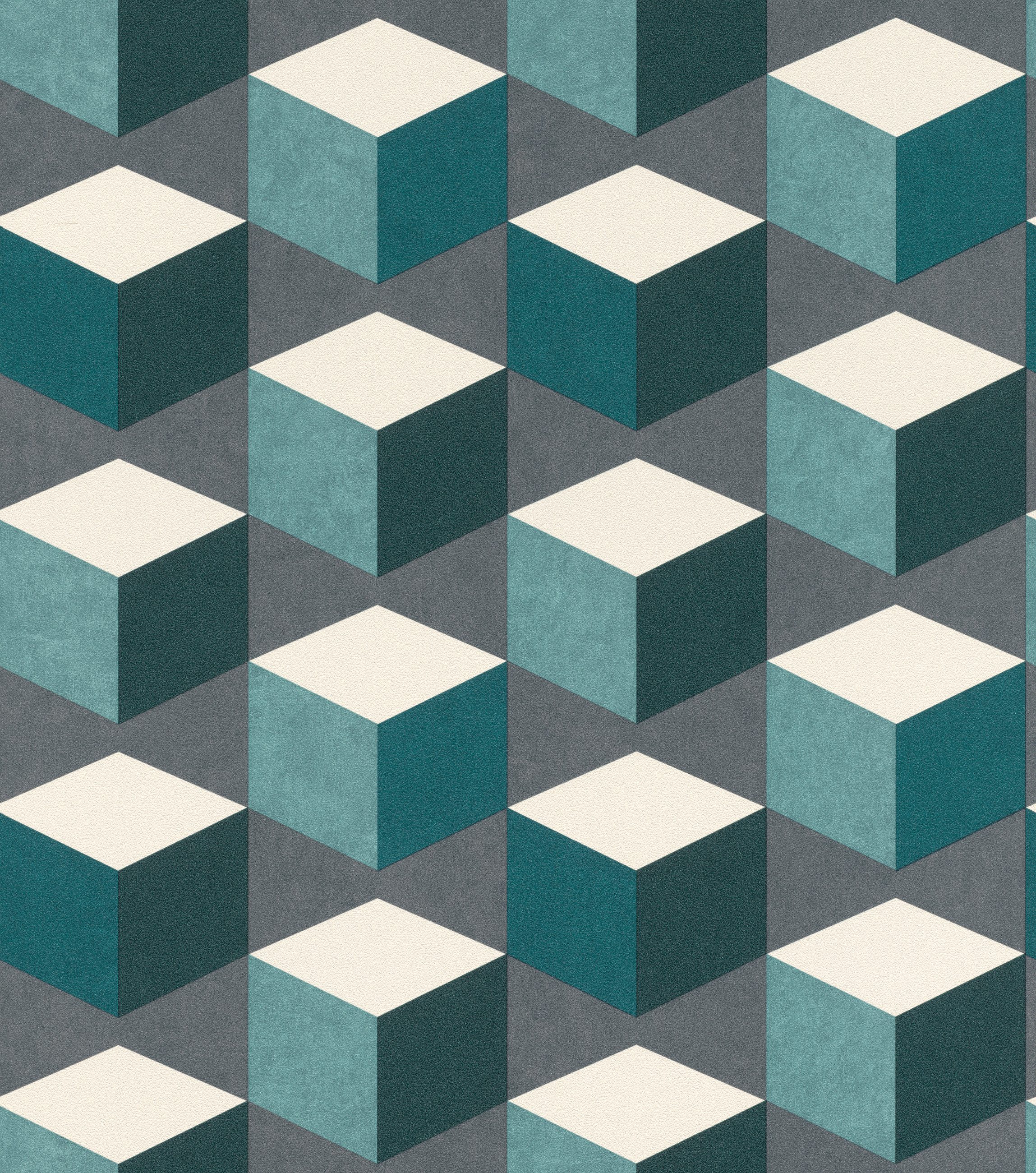 Rasch Vliestapete mit geometrischem Muster in Grüß, Weiß und Grau, strukturiert, 3D-Optik, Quader, geometrisch, (1 St), Quadrate, Quader