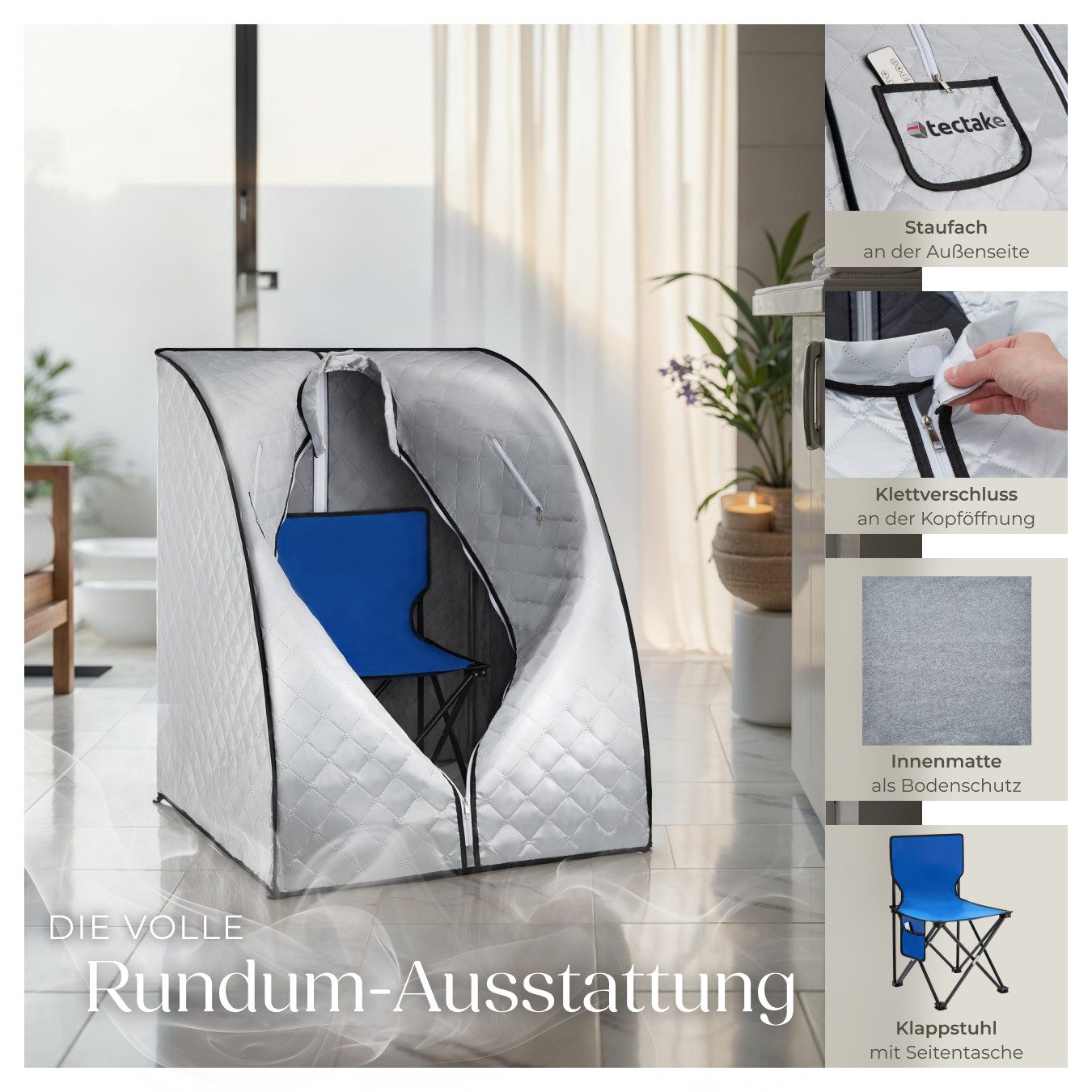 tectake Sauna Mobile Dampfsauna ThermaLuxe II, 1000 W, 15 Temperaturstufen, inkl. Fernbedienung, Matte, Klappstuhl und Tragetasche