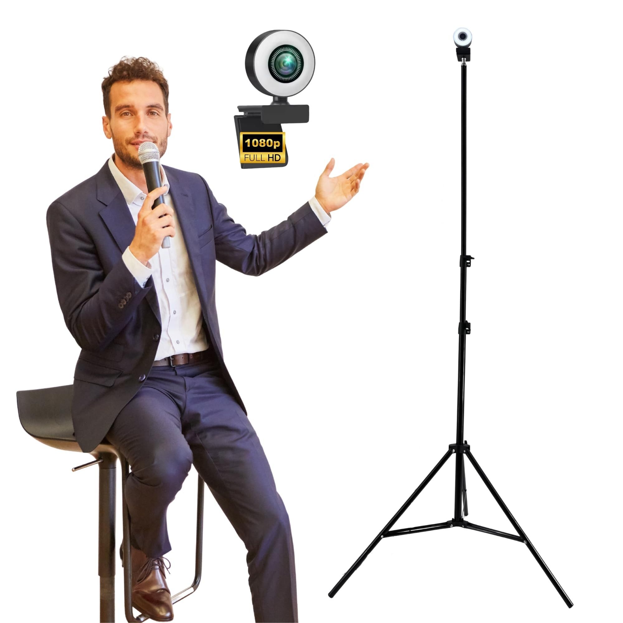 TronicXL HD Webcam für Computer PC Windows 11 Ringlicht mit Stativ Mikrofon Full HD-Webcam (Kamera Foto Video, hoch groß 210cm Überkopf)