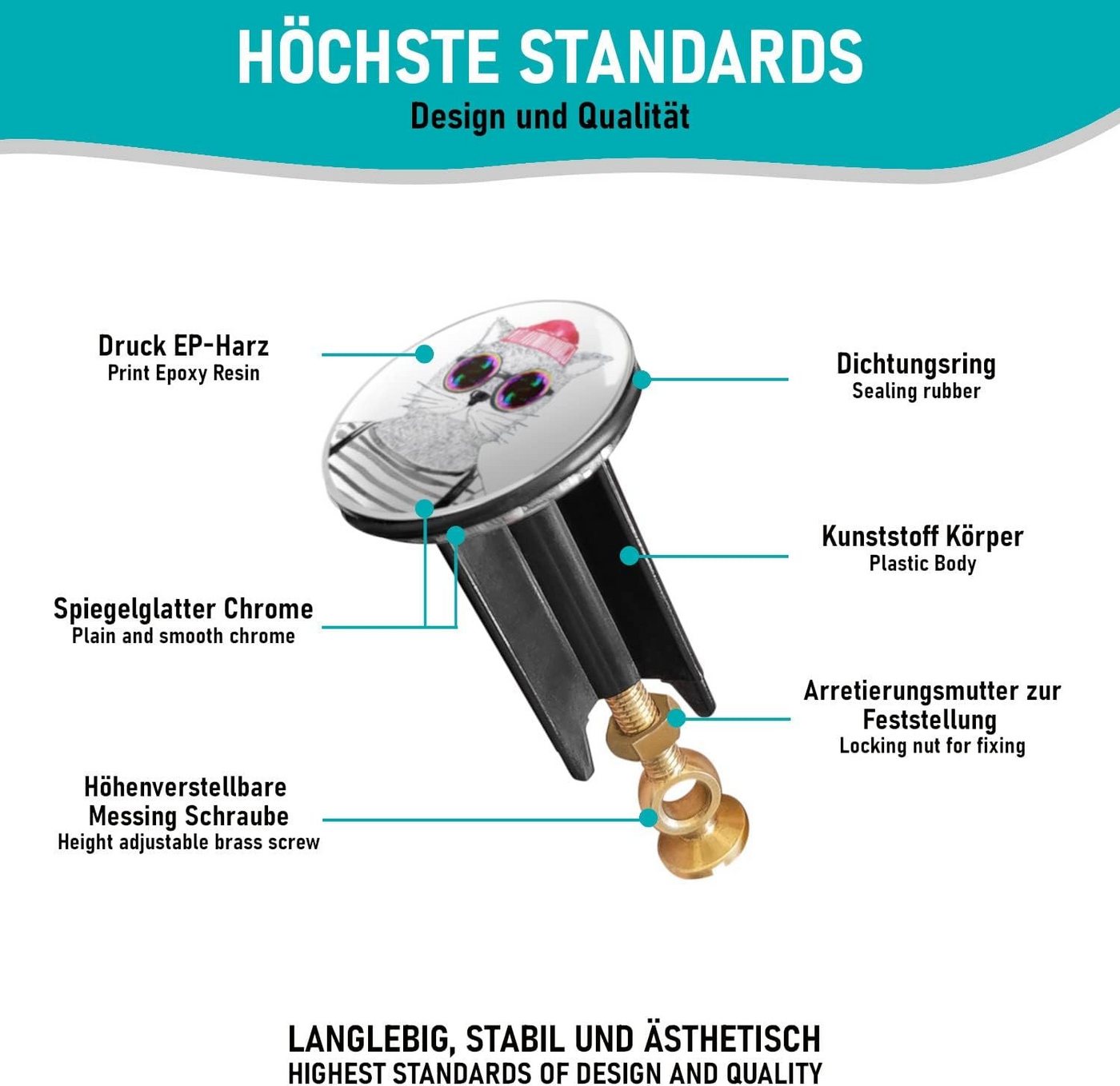 Thumbnail - Arteneur Waschbeckenstöpsel, ⌀ 4 cm, 100% wasserdicht, extra schwerer Messingkern, hochwertig