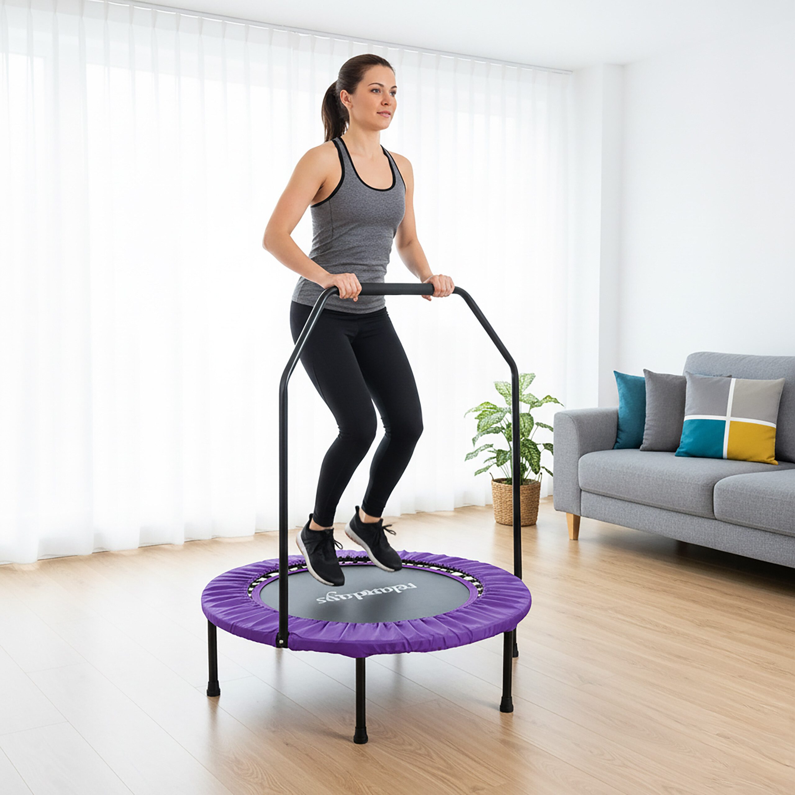 relaxdays Fitnesstrampolin Trampolin mit Haltestange Ø 102 cm, lila, 102 cm