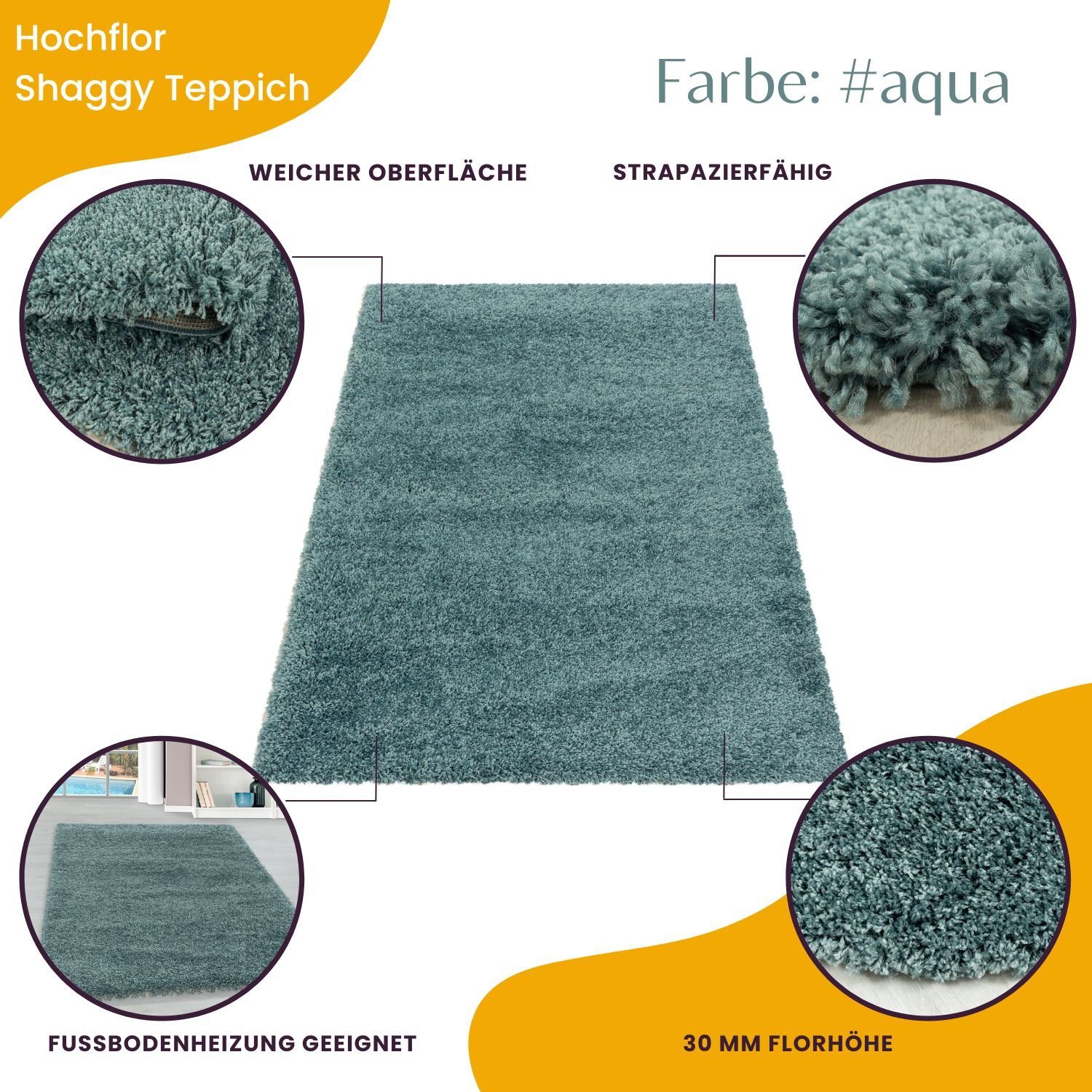 Aqua 30 Höhe: mm, Einfarbig, Rechteckig, Teppich Wohnzimmer Teppich - Unicolor Teppium,