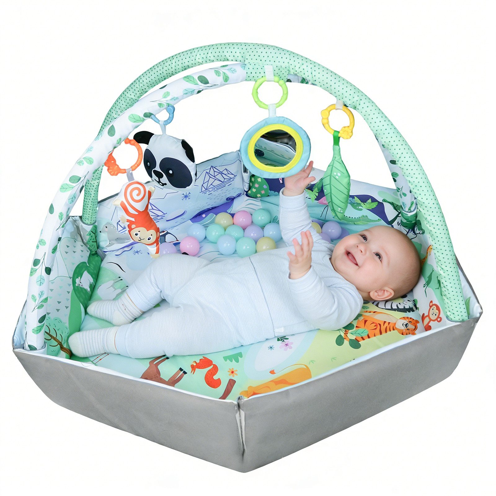JEOBEST Spielbogen Spielbogen Baby - Spieldecke Baby - Spielmatte Baby Faltbar Zoo Design, Padded Mat for Newborns, Mit Spielzeug und Ball for 0+