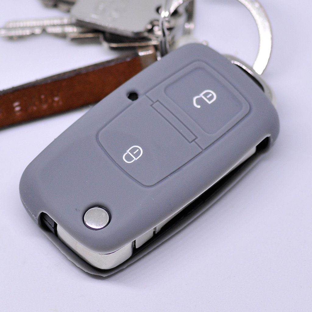 2 Silikon mt-key Schlüsseltasche Softcase bis Golf Schutzhülle SEAT VW Schlüssel Fox Grau, Tasten Autoschlüssel Jetta Skoda für 2009 EOS Polo