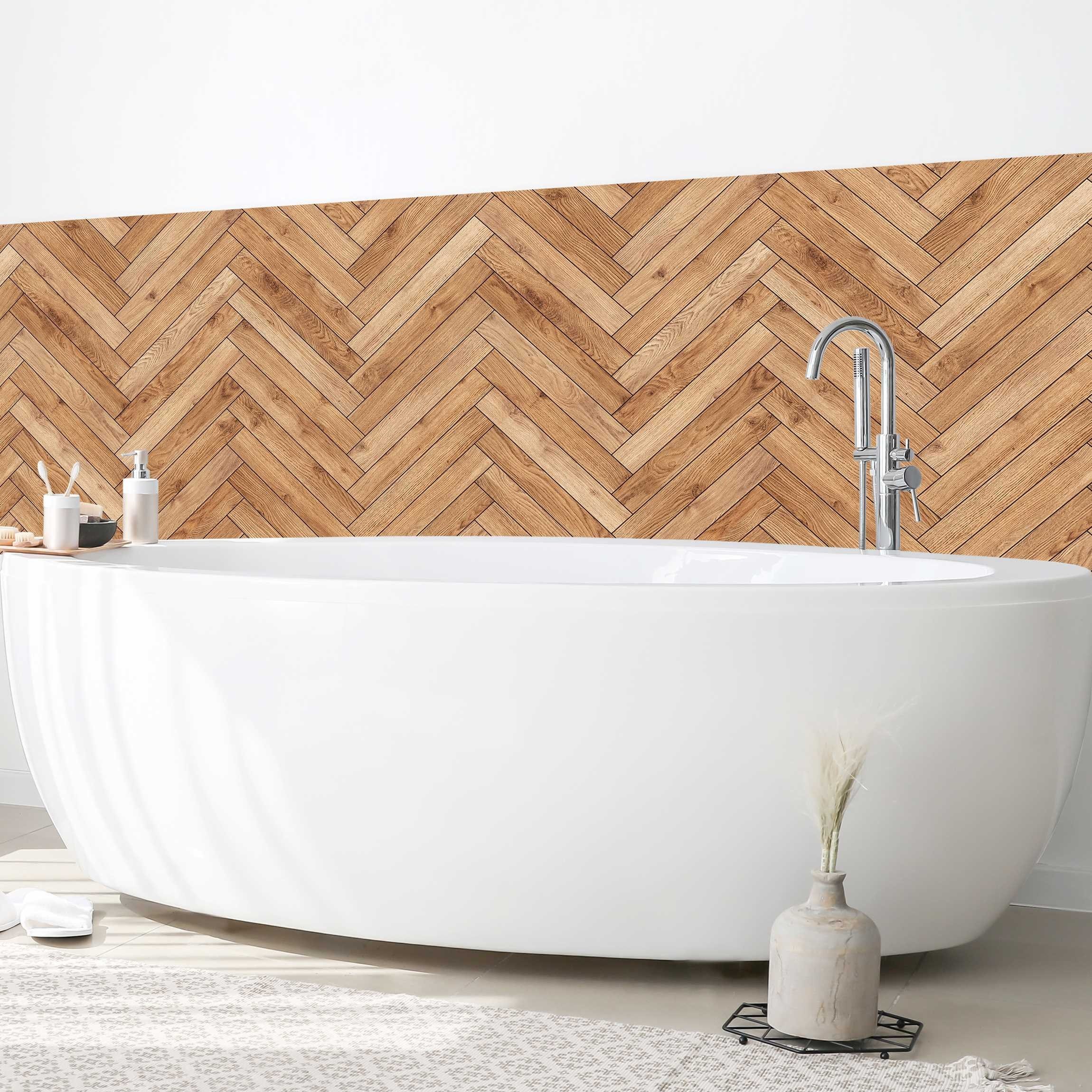 Bilderdepot24 Badrückwand braun fugenlose Wandverkleidung Bad mit Motiv, (Hartfolie matt » Selbstklebend SMART 0,35 mm), wasserfestes Wandpaneel Fischgräten Fliesen Holz