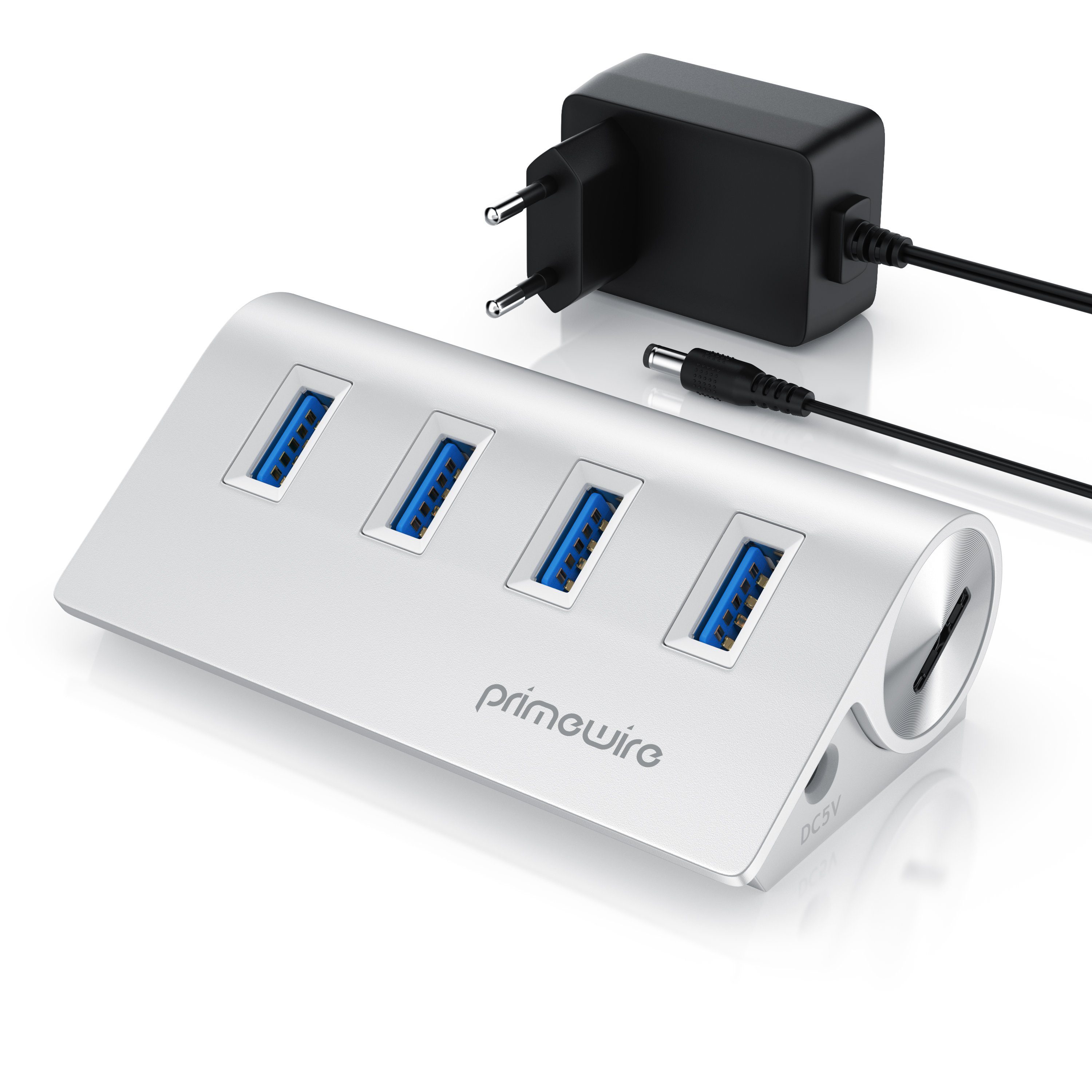 Primewire 4 Port USB 3.2 Gen2 Hub Aktiv Verteiler mit Netzteil, Alugehäuse USB-Adapter 1× USB Typ A Stecker zu 4 x USB 3.2 Gen2 Buchse, 10 Gbit/s für Festplatte, SSD, Stick und mehr
