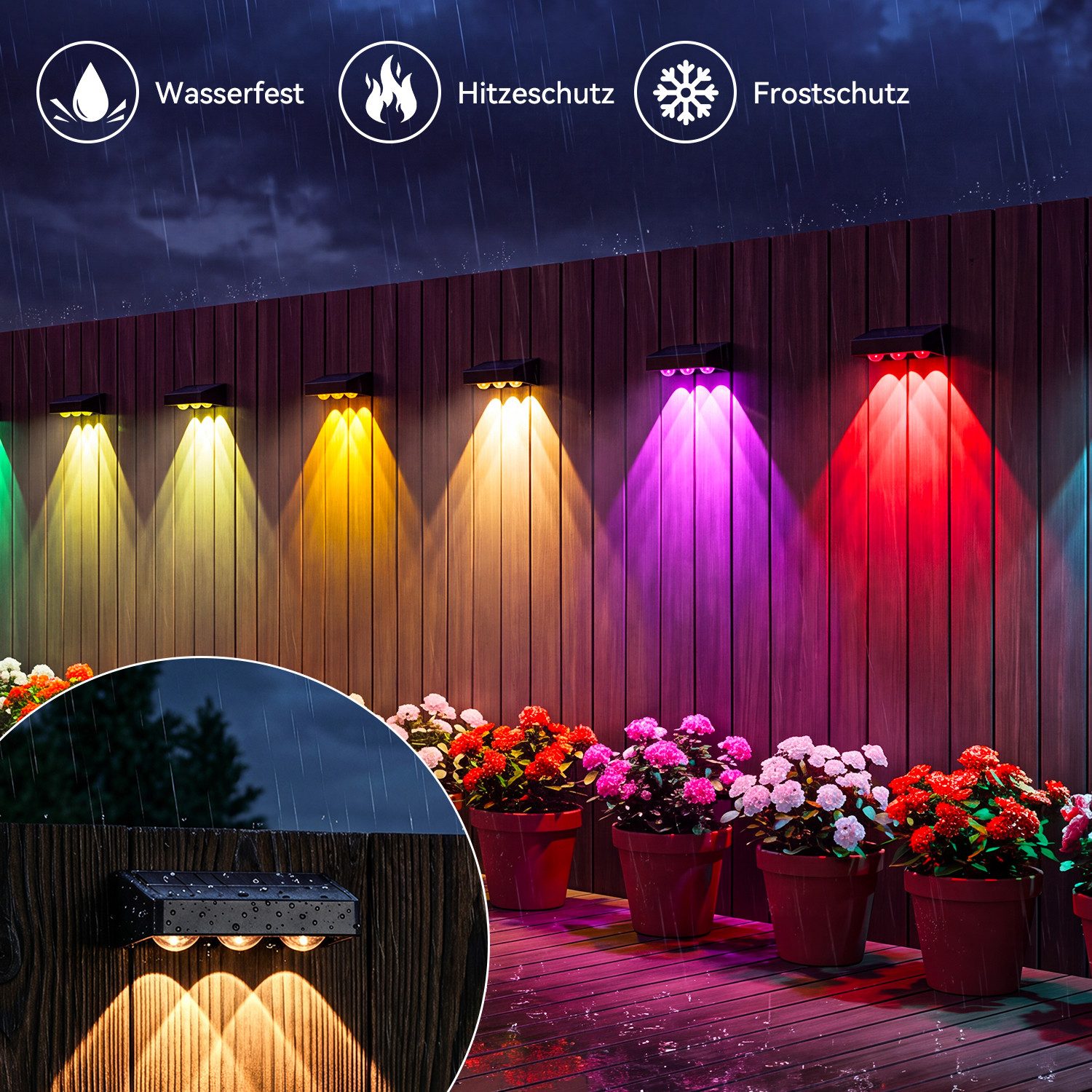 oyajia LED Außen-Wandleuchte 2/4 st Solar Wandleuchte Aussen, RGB Einstellbar Solarlampen für Außen, LED fest integriert, RGB, RGB 9 Farben Solarleuchte für Zau – Bild 2 von 5