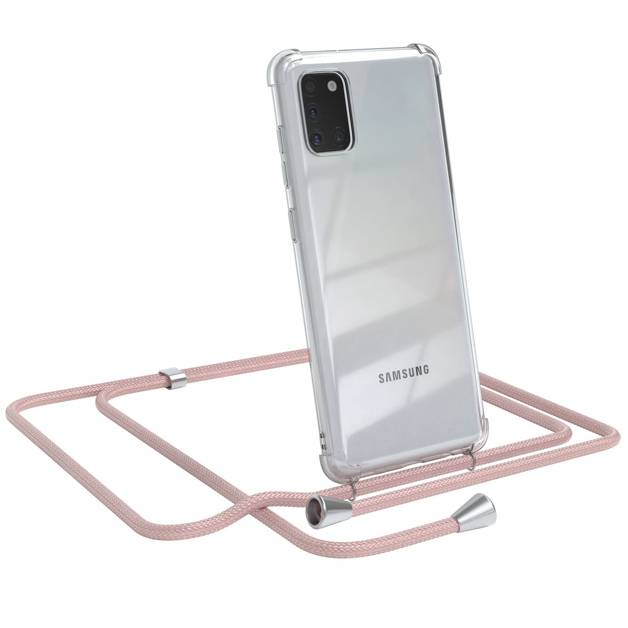 EAZY CASE Handykette Hülle mit Kette für Samsung Galaxy A31 6,4 Zoll, Slimcover Festival Hülle Band Handyketten Umhängehülle Altrosa Rosé