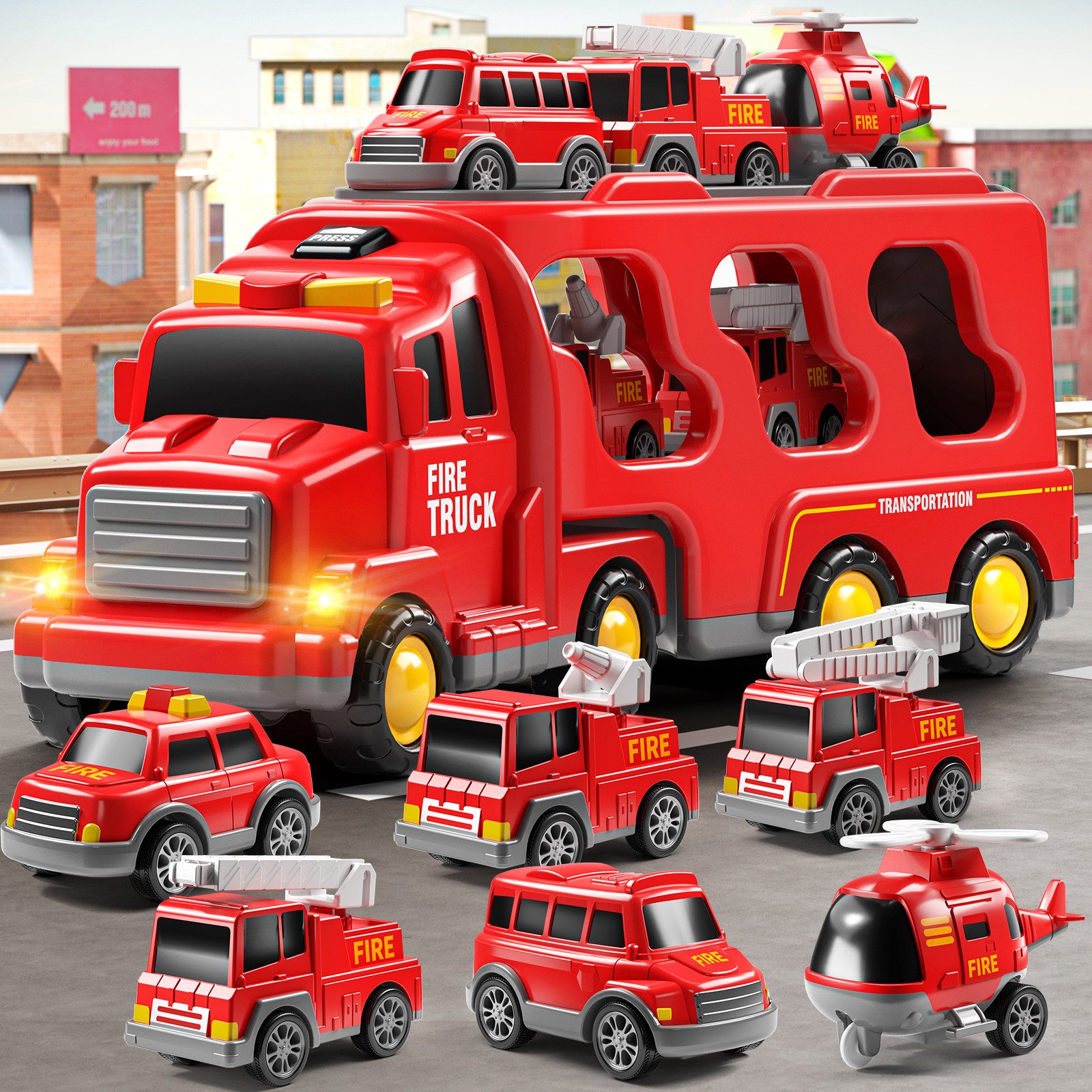 TEMI Toy Car 7 Pack Carrier Truck Transport City Vehicles Toy, (Set includes 1 Transport Handcart, 6 Small Fire Trucks), Made in China