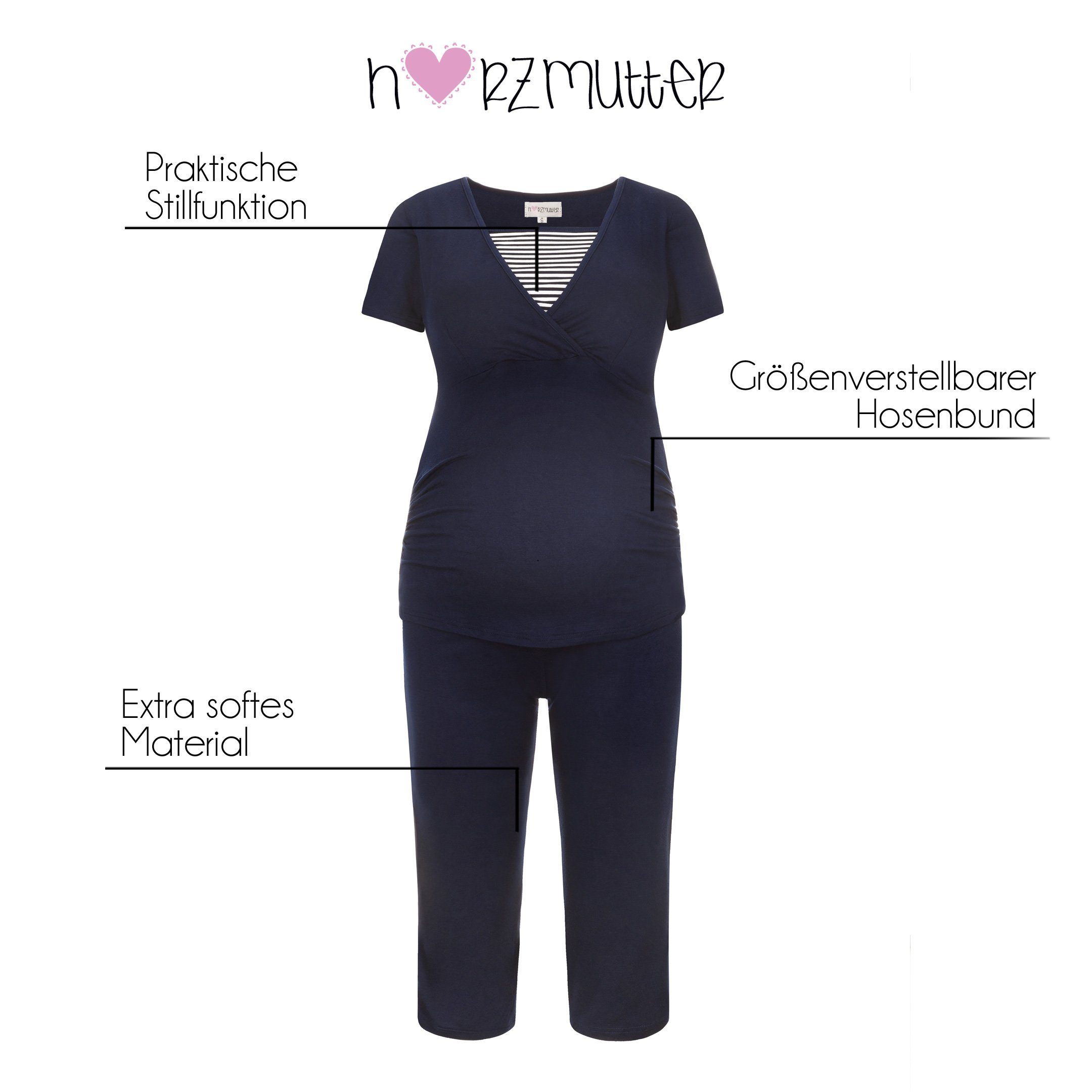 Blau/Weiß Stillpyjama Herzmutter Stillmode - Kurz - (2 Umstandspyjama - Weich Gestreift tlg)