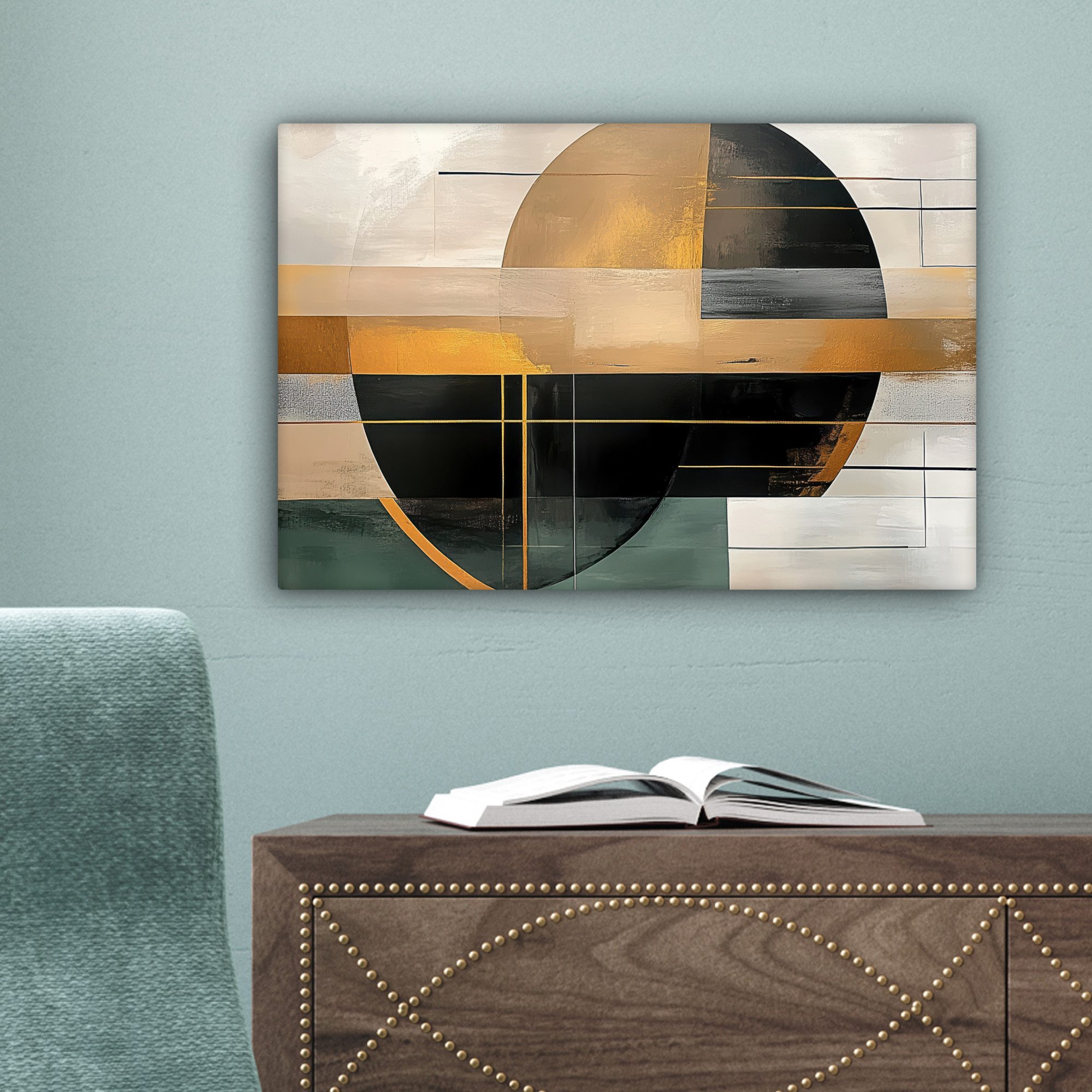 OneMillionCanvasses® Leinwandbild Abstrakt - Gold - Bronze - Grün - Formen - Modern, Fotodruck (1 St), Leinwand Bilder Klein, Wand Dekoration Aesthetic 30x20 cm