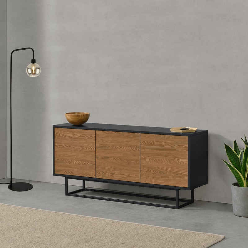 en.casa Sideboard, Boxholm Kommode 120x30x55cm Schwarz/Holzton